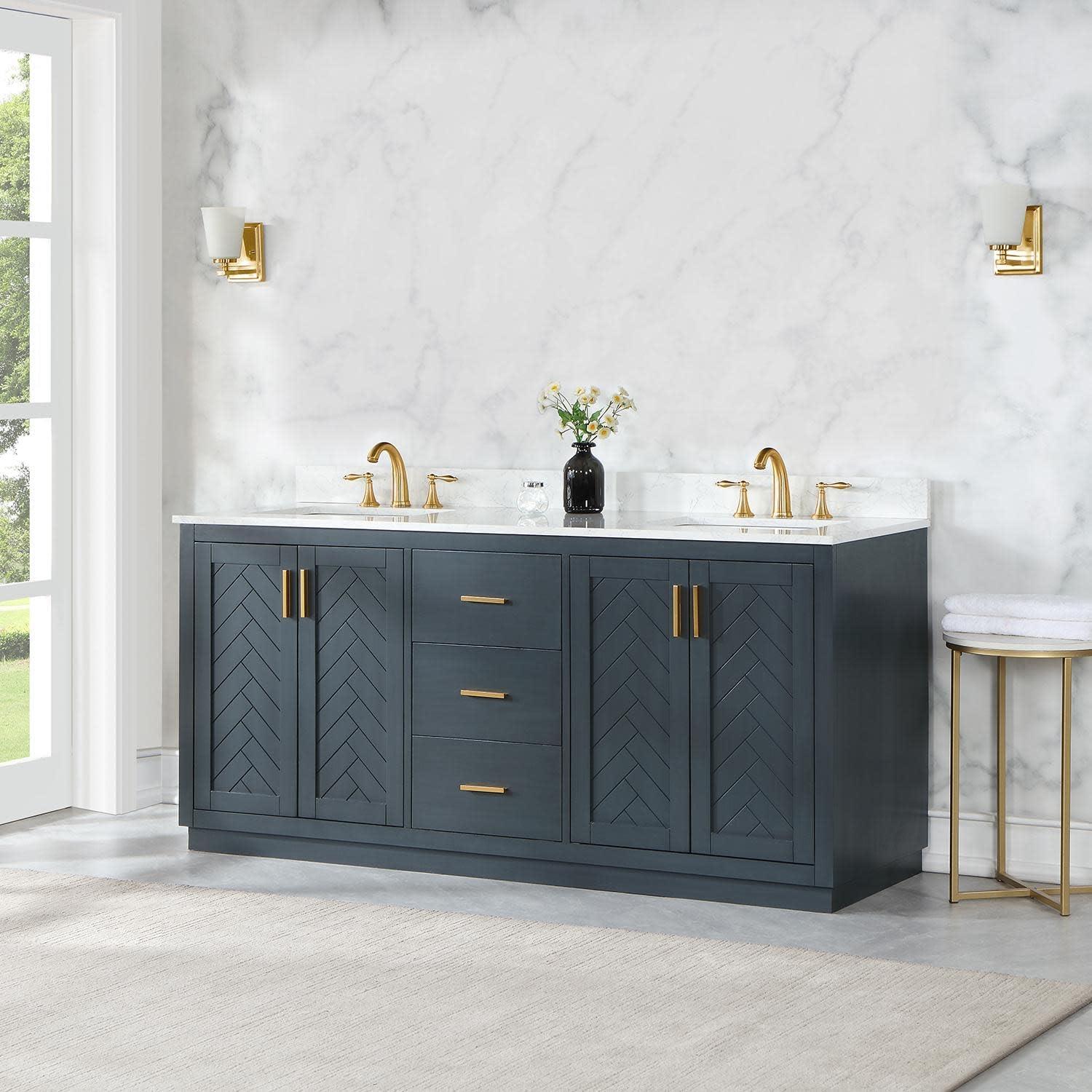 Gazsi 72" Double Bathroom Vanity Set in Charcoal Blue with Grain White Composite Stone Countertop without Mirror