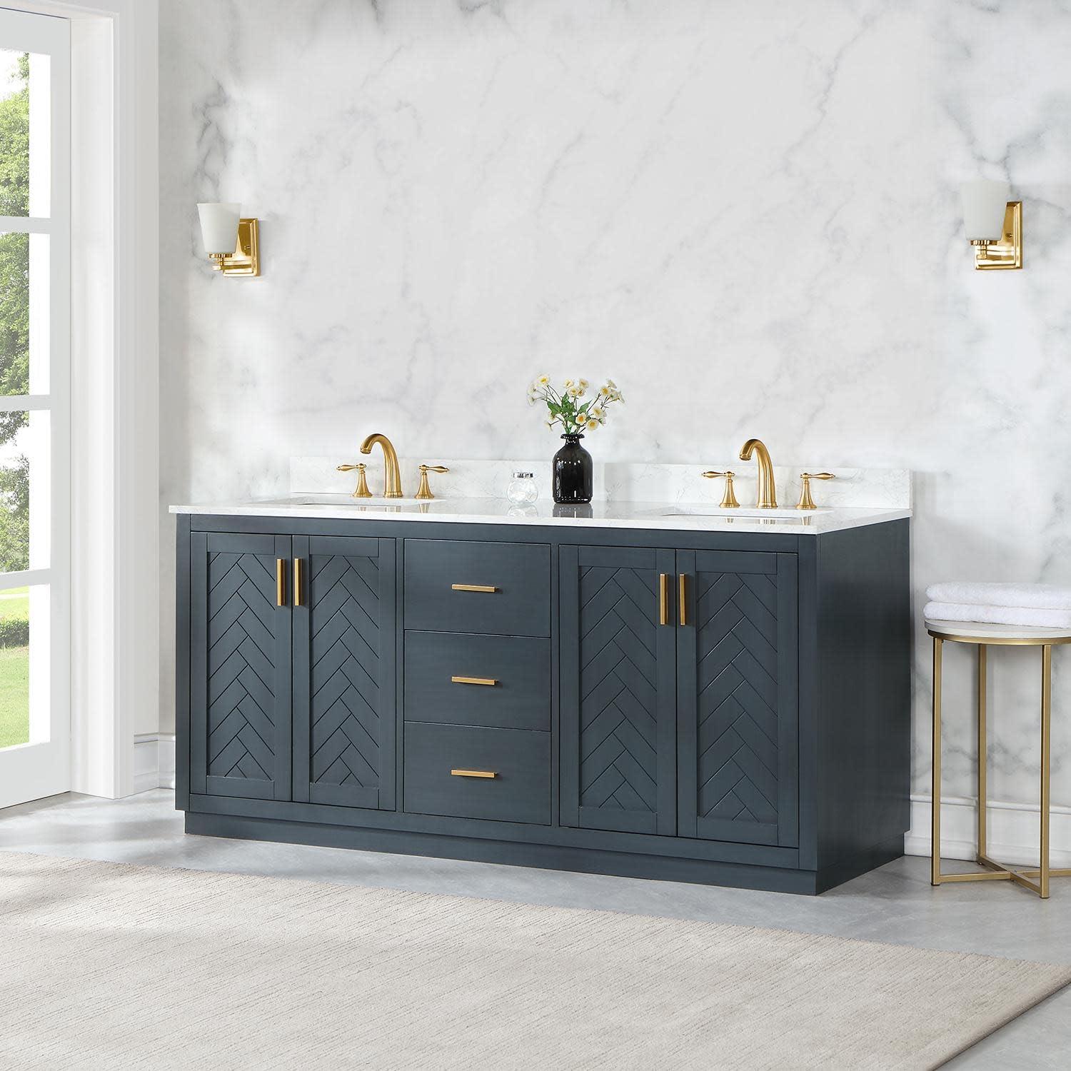 Gazsi 72" Double Bathroom Vanity Set in Black Oak with Grain White Composite Stone Countertop Without Mirror