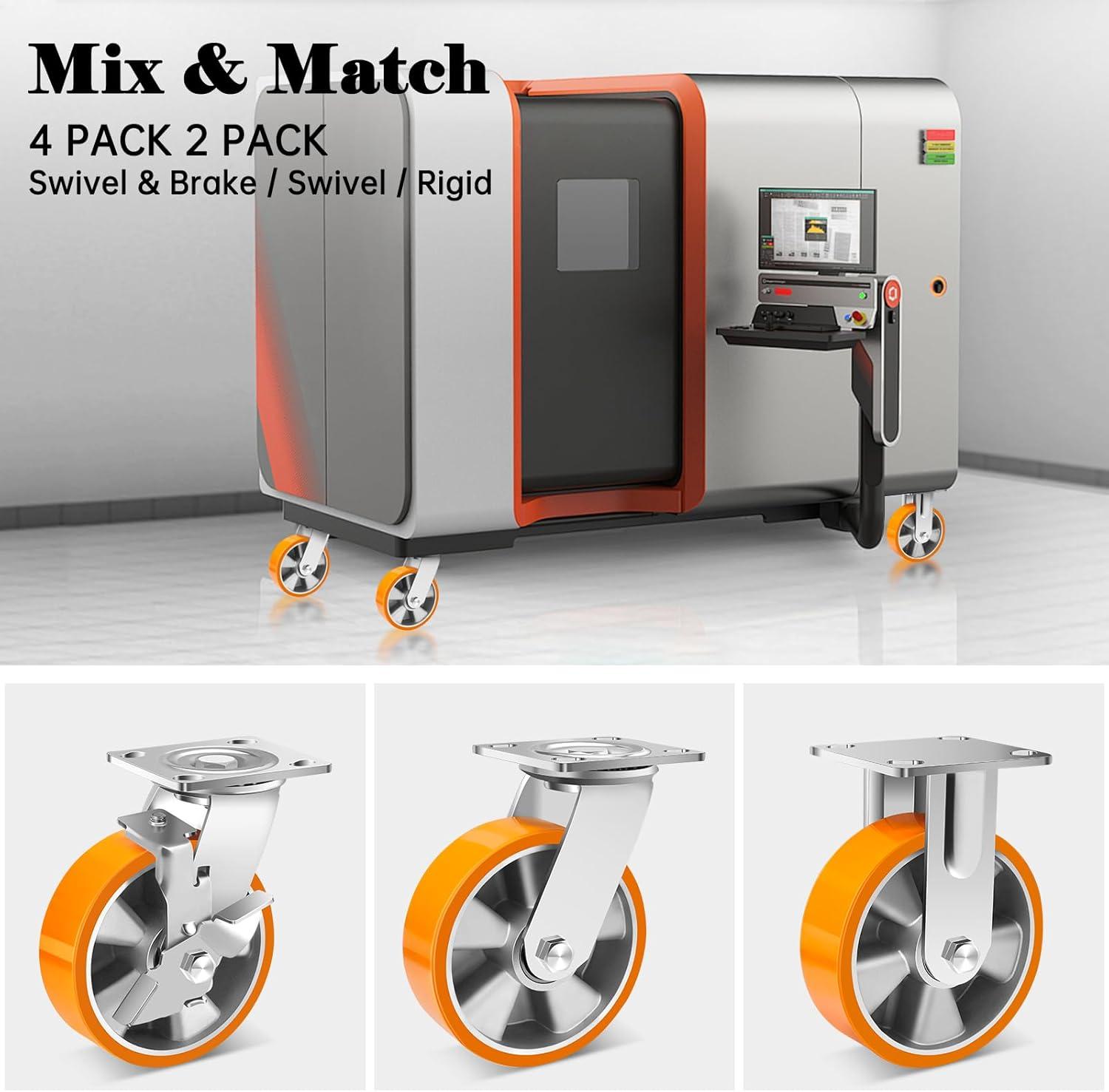 W B D WEIBIDA 6 Inch Industrial Fixed Casters (2 Pack), Maintenance-Free Polyurethane on Aluminum Wheels, Heavy Duty Casters Wheels 2500 Lbs, Industrial Rigid Casters for Hand Truck, Cabinet