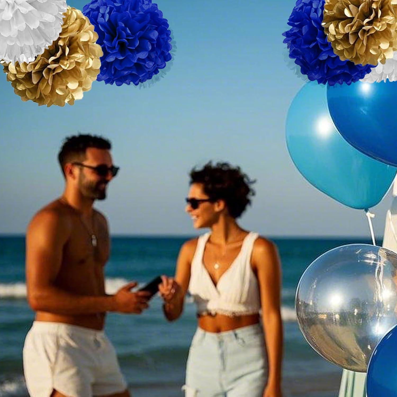 AIM & GGKK Paper Pom Poms Gold Gradient Navy Blue and White Tissue Hanging Paper Pom Poms,Flower Ball Wedding Birthday Party Decoration(12pcs)