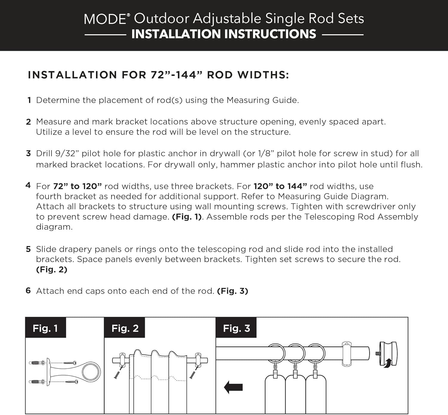 Mode Outdoor Collection 1 1/8 in Diameter Curtain Rod Set with End Cap Finials and Steel Wall Mounted Adjustable Rod