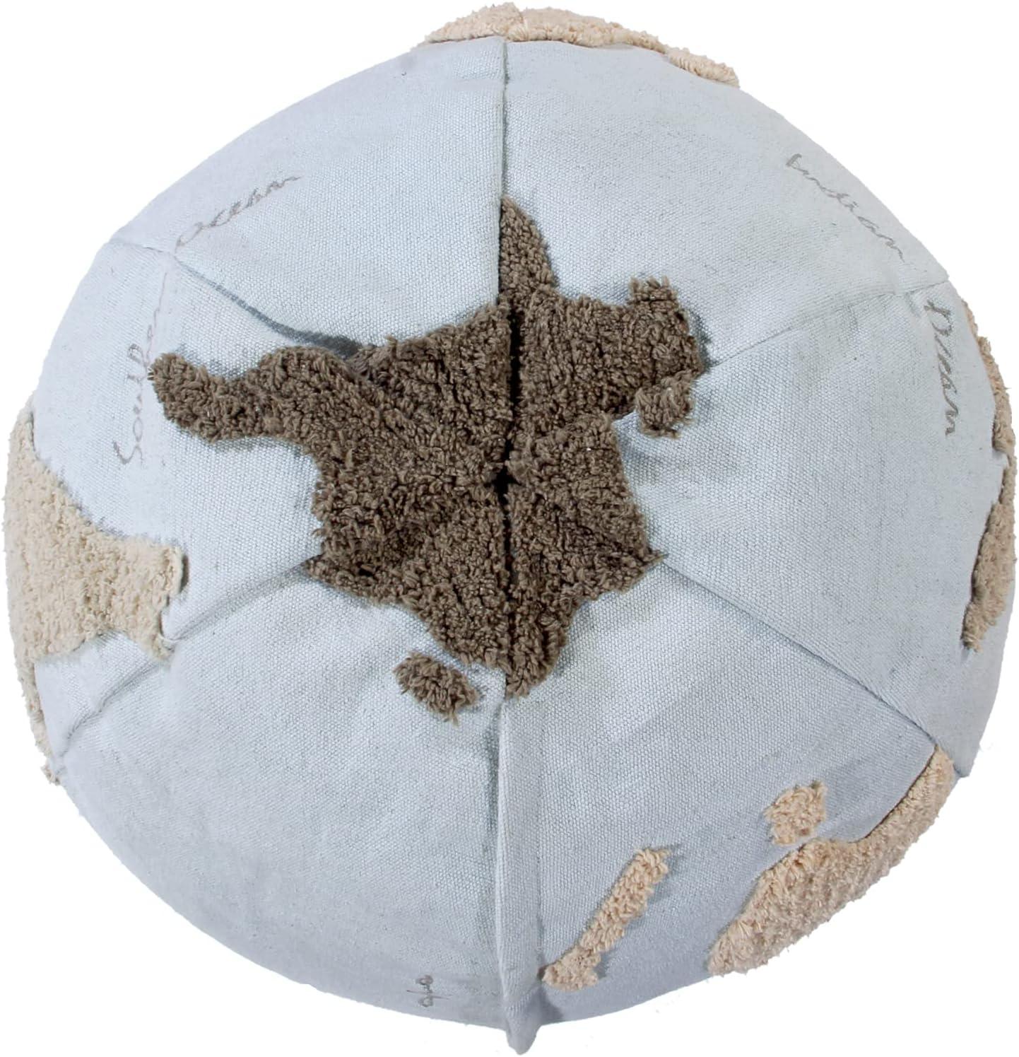 Globe Explorer Tufted Round Pouf in Light Blue and Natural Tones