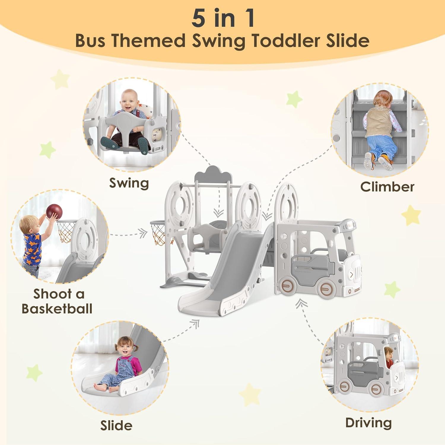 Beige and Gray 5-in-1 Toddler Slide and Swing Set