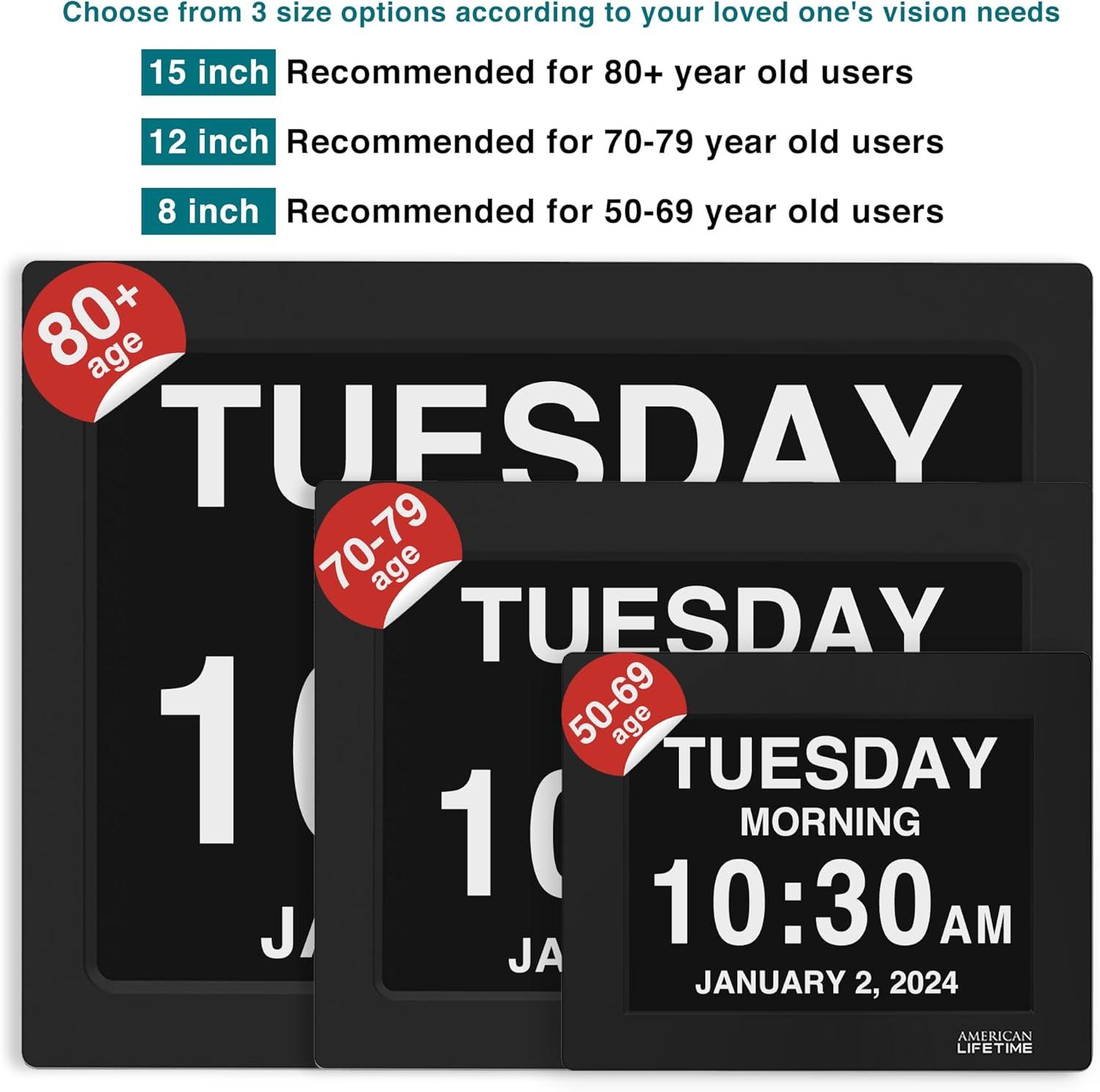 American Lifetime, Premium Version, Day Clock Extra Large Impaired Vision Digital Clock with Battery Backup and 5 Alarm Options, Limited Edition Black Polished Metal Frame