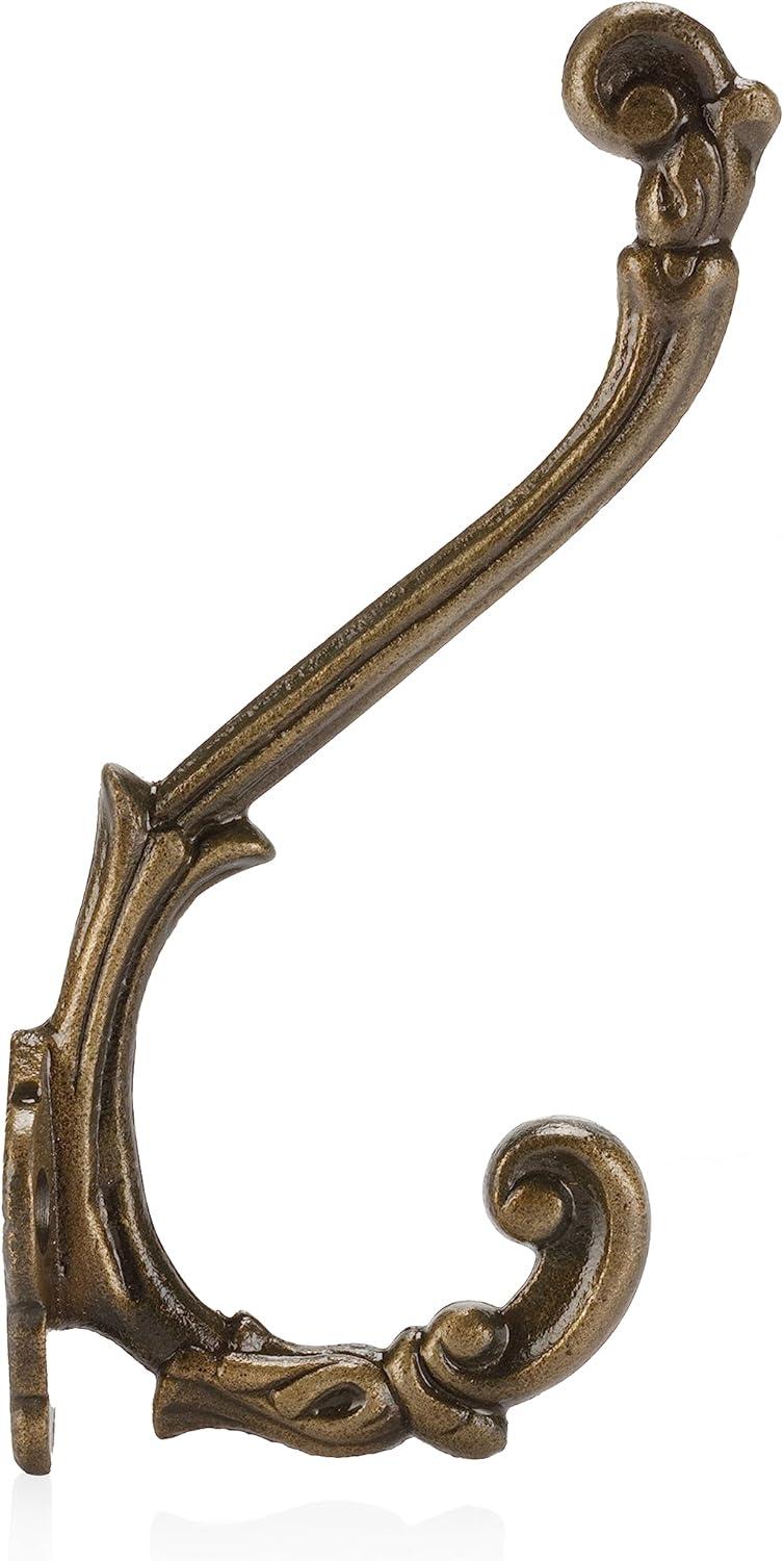 CRAFTSMAN ROAD Vintage Cast Iron Wall Hooks (Antique Brass Finish, Set of 4) - Rustic, Farmhouse, French Country Coat Hooks | Great for Coats, Bags, Towels, Hats | French Slender