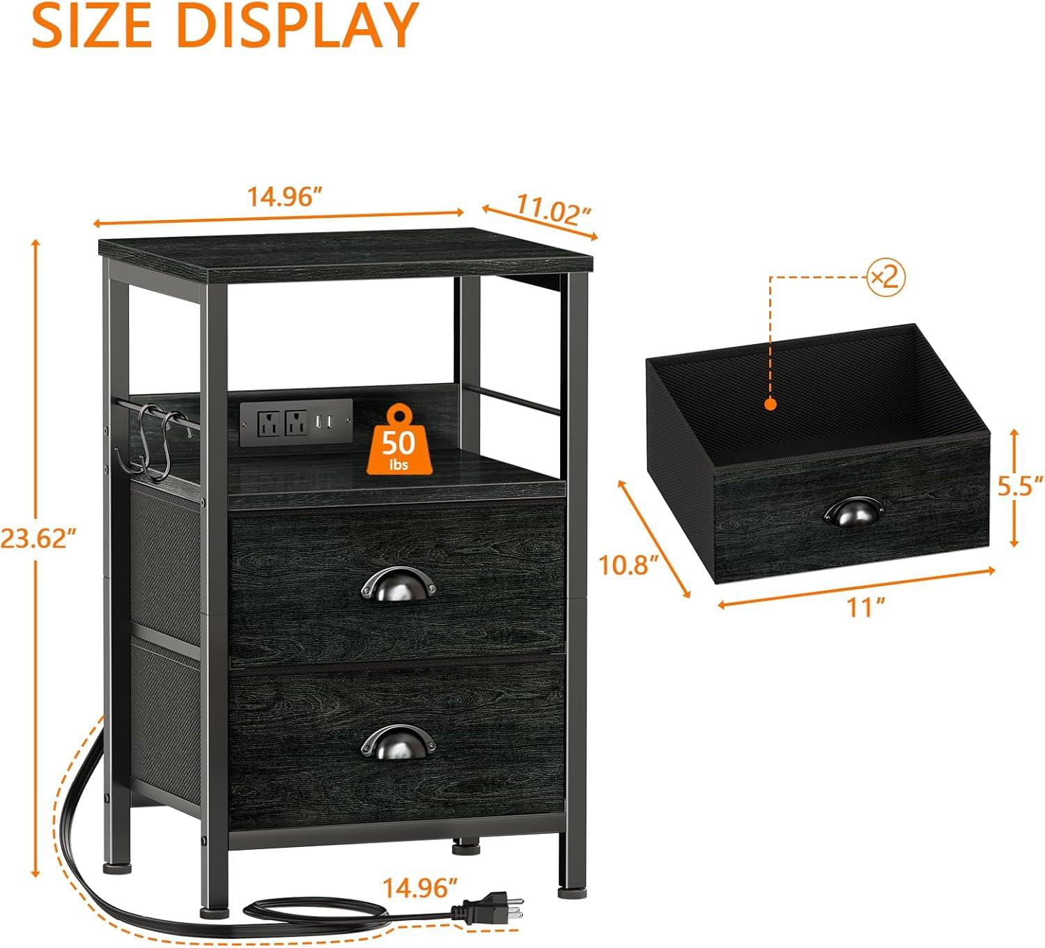 Furologee Nightstands Set 2, End Tables with 2 Fabric Drawers, Bedside Tables with Hooks and Shelf, Side Tables for Bedroom/Living Room/Study/Black Oak