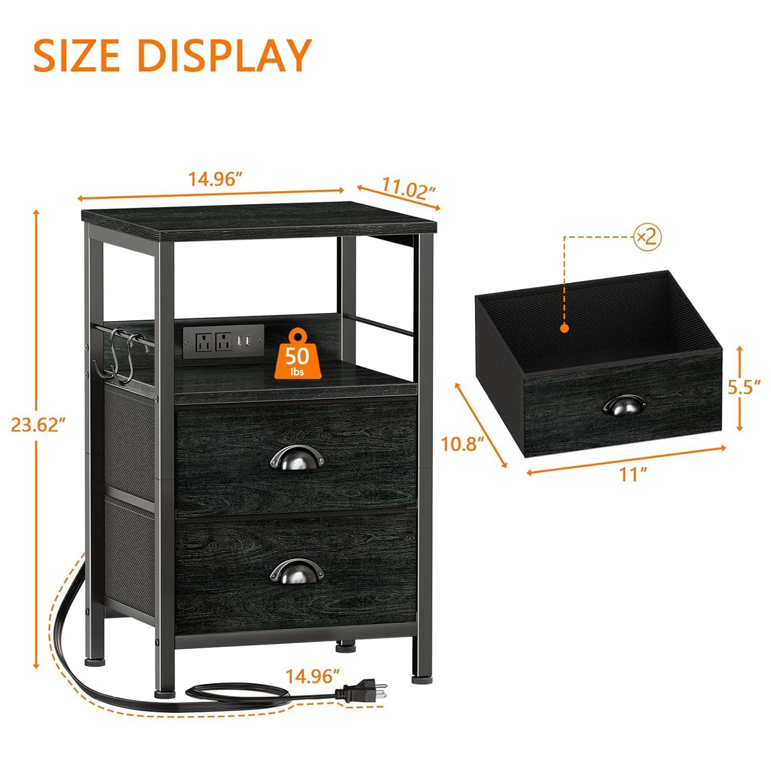 Furologee Nightstands Set 2, End Tables with 2 Fabric Drawers, Bedside Tables with Hooks and Shelf, Side Tables for Bedroom/Living Room/Study/Black Oak