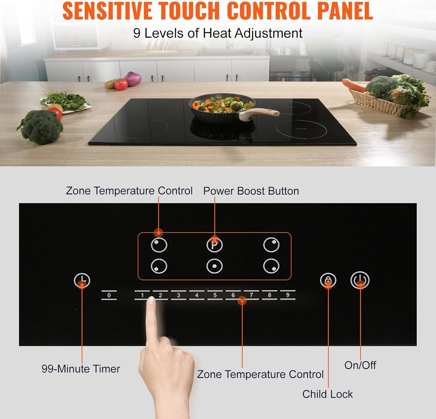 30-Inch Black Ceramic 5-Burner Induction Cooktop with Touch Control