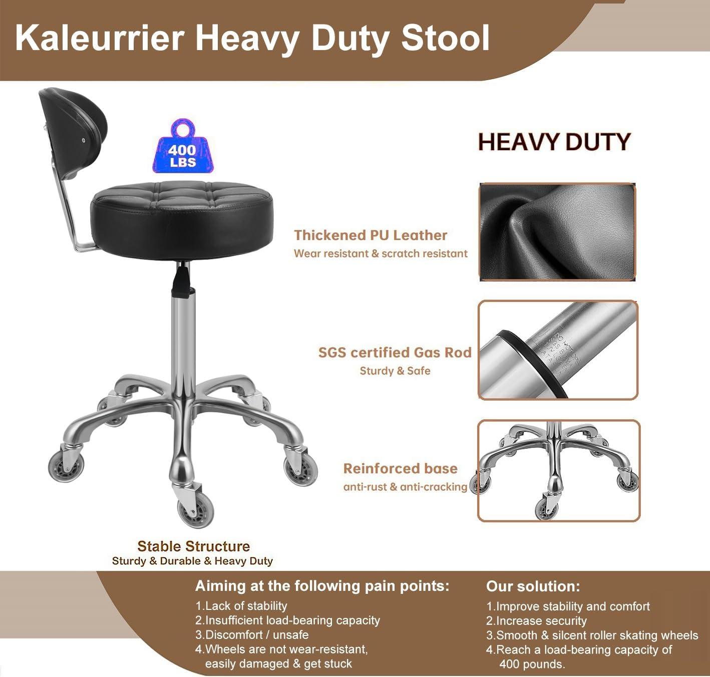 Kaleurrier Rolling Stool Salon Chair with Smooth-Rolling Wheels 360-degree Swivel Seat Heavy Duty Hydraulic Height Adjustable High Barber Cutting Stools (Black, with Backrest)