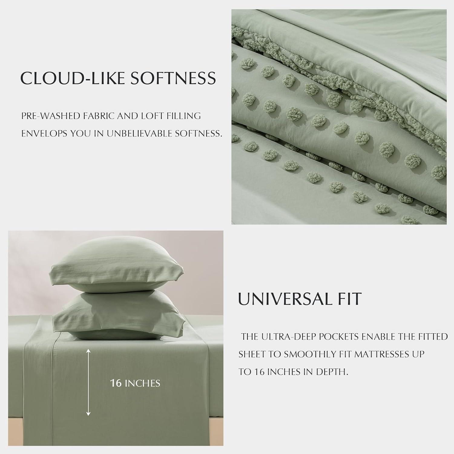 WURUIBO Tufted Shabby Chic 7 Piece Comforter Set - King Size, Soft Microfiber Boho Farmhouse Bedding - Green Jacquard Comforter, Sheets and Bedding Set for All Season