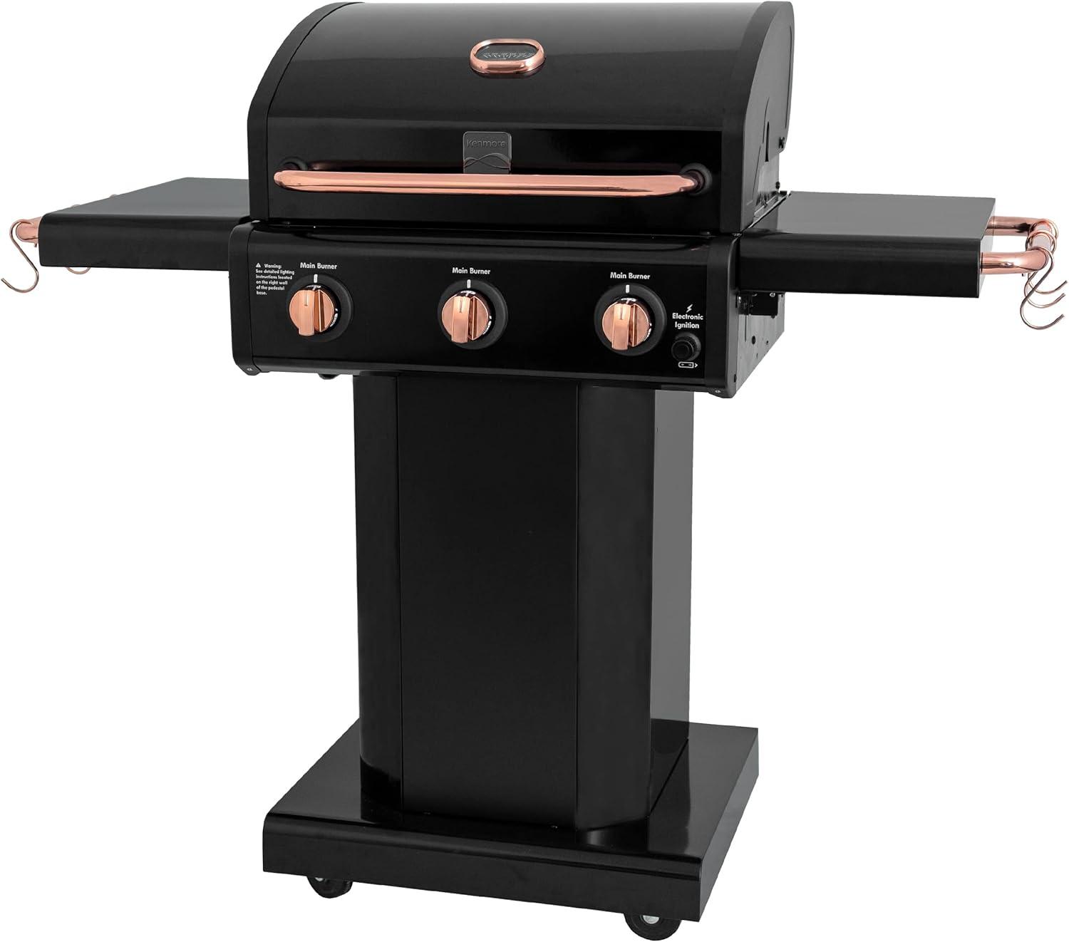 Kenmore 3-Burner Propane Gas Grill with Foldable Side Tables for Outdoor BBQ