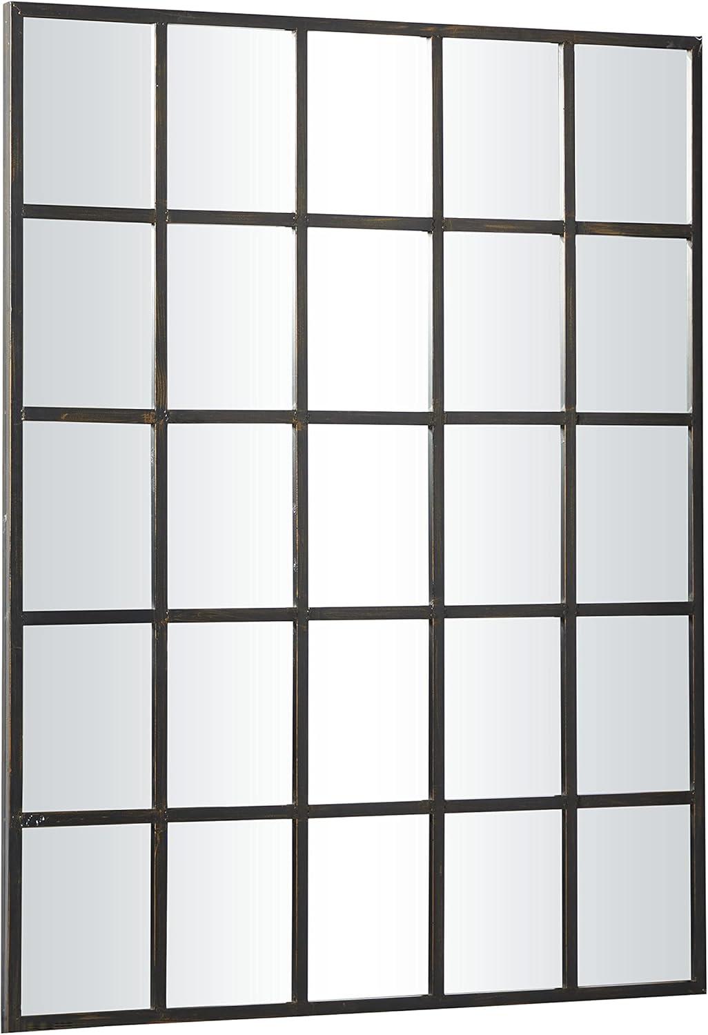 DecMode Contemporary Squre Wood Window Shaped Wall Mirror, 56"W x 44"H with Distressed Brass Colored Frame