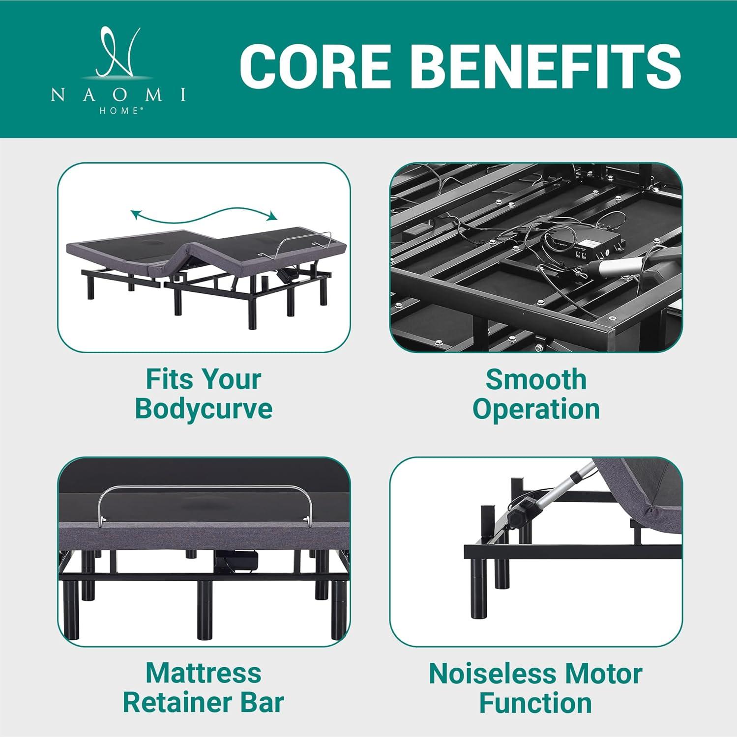Naomi Home Split King Size Ergonomic Adjustable Bed Base with Basic Lumbar Support & Head Tilt, Back & Leg Massage, Wireless Remote, Assembly Needed - Split King, Gray