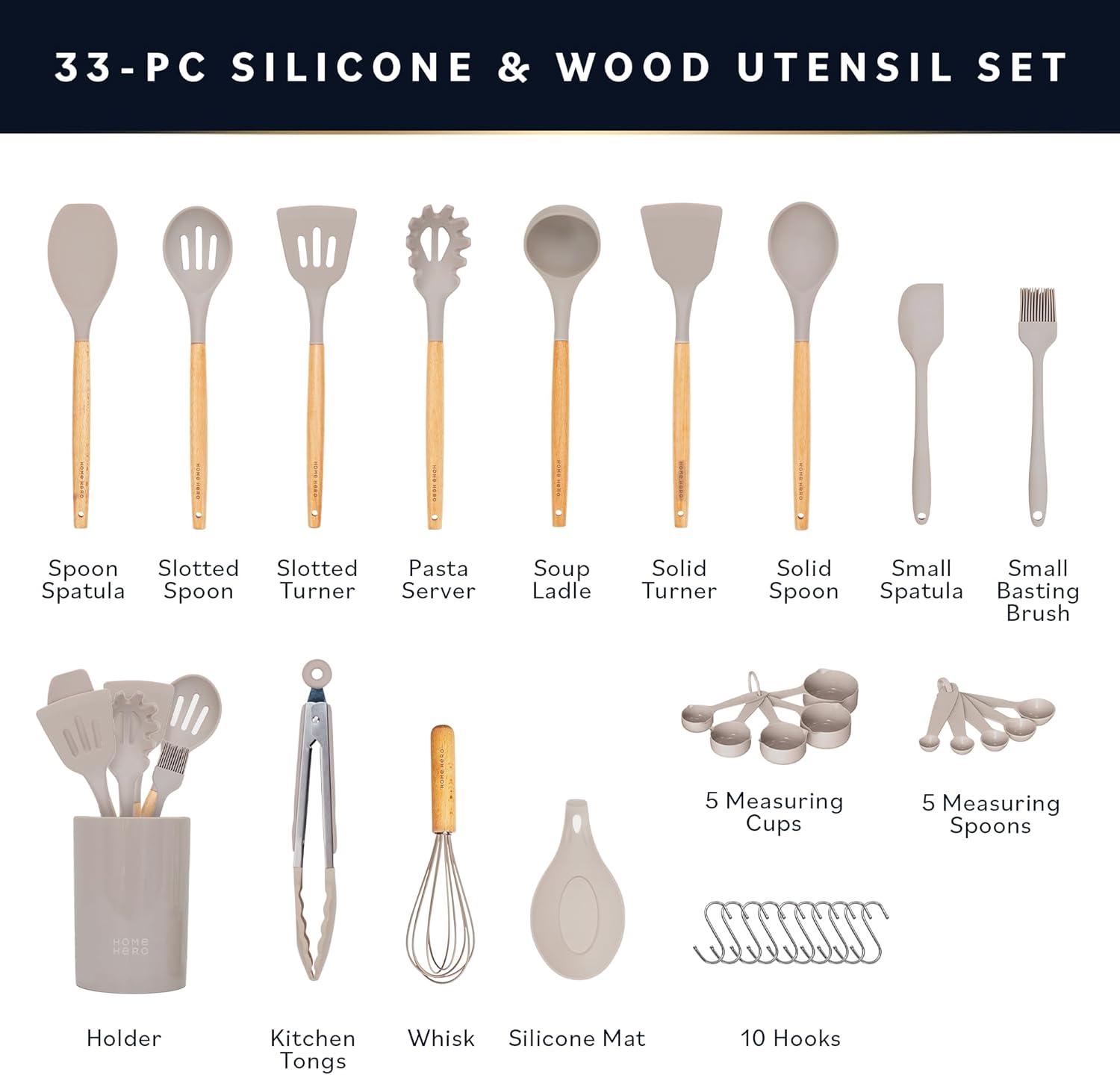 AOKIWO Silicone and Wood Non-Stick Cooking Utensil Set, 33 pcs