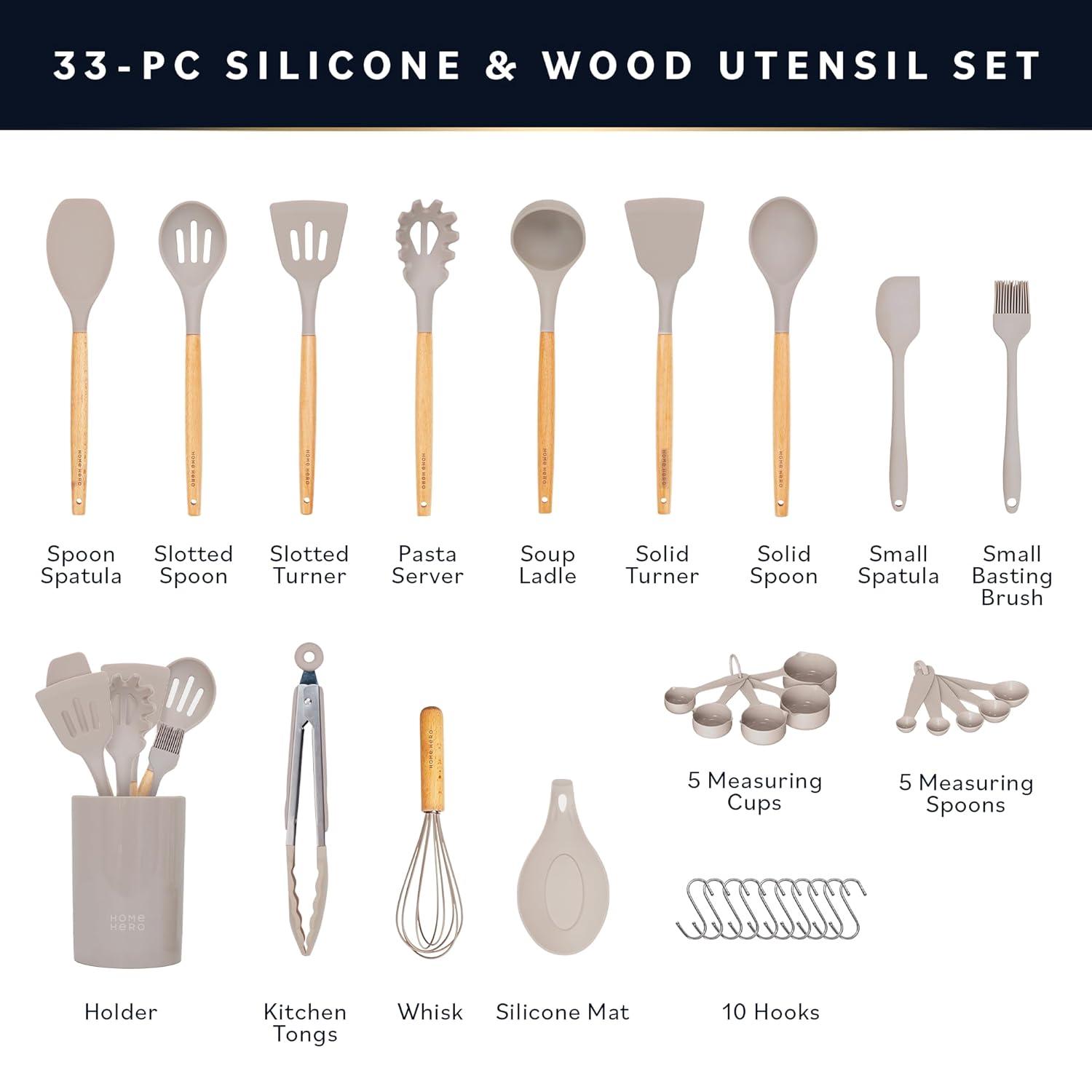 33 Pcs Silicone Kitchen Utensils Set, Khaki Kitchen Cooking Utensils Set with Natural Hard Wood Handle, Silicone Utensils Set with Holder, Heat Resistant, BPA Free, Non Toxic
