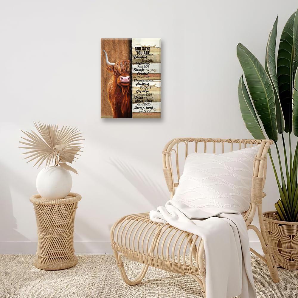 Farmhouse Highland Cow Decor Wall Art Farm Cow Inspirational Quotes God Says You are Pictures Wall Decor Canvas Painting Prints Artwork Decorations Framed for Bathroom Bedroom Kitchen 12"x16"