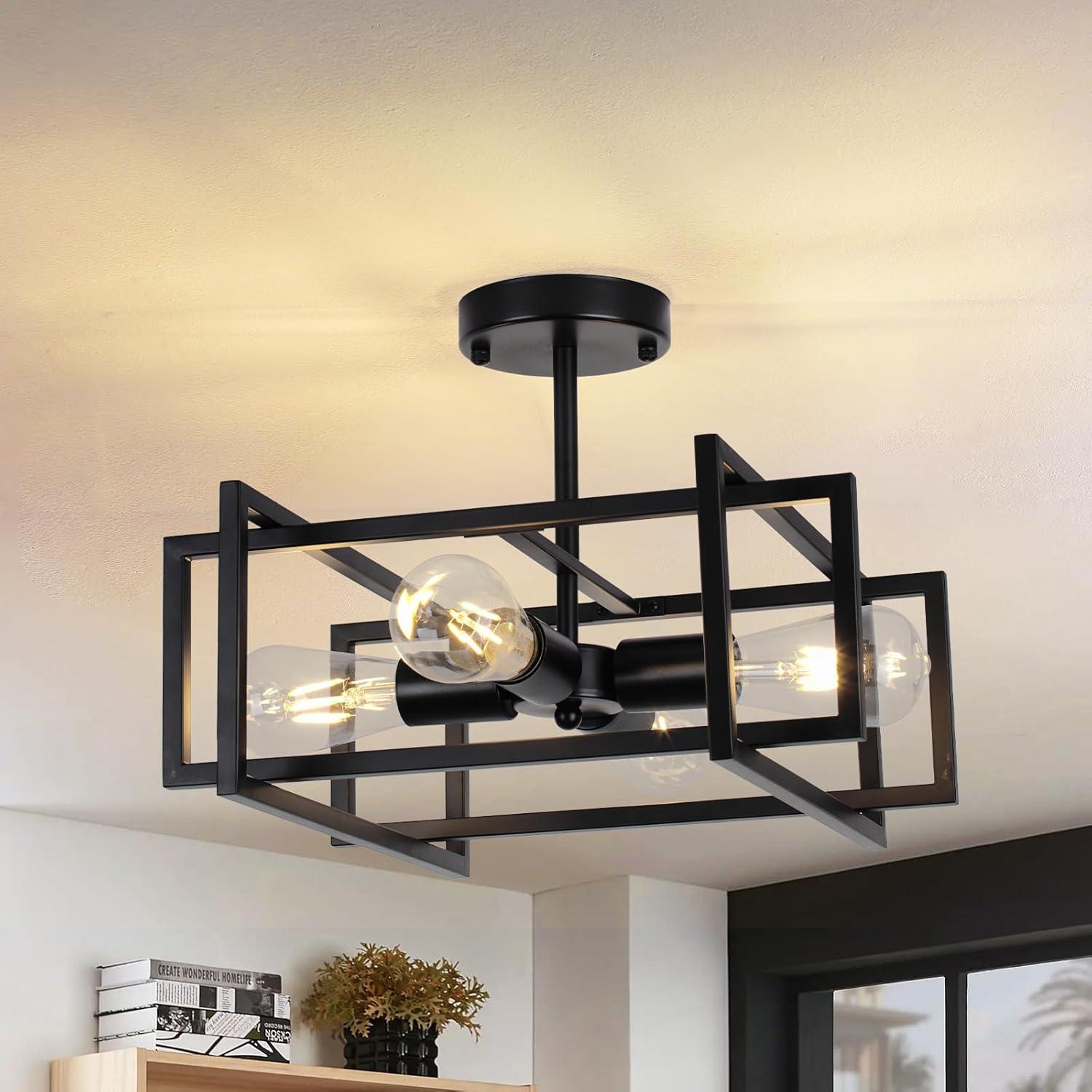 Matte Black 4-Light Industrial Farmhouse Ceiling Fixture