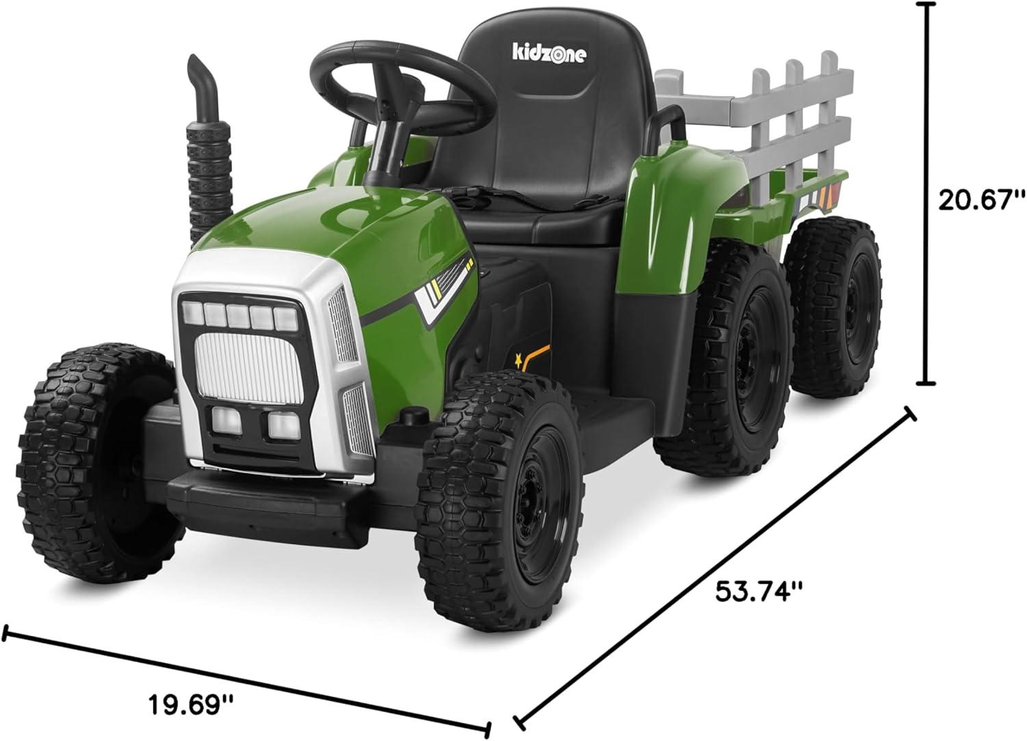 Kidzone Dark Green 12V Electric Tractor with Trailer and EVA Tires