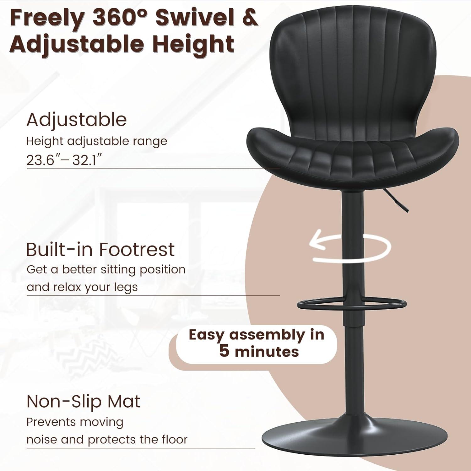 Waleaf Modern Adjustable Bar Stools Set of 2, Faux Leather Upholstered Swivel Counter Stools, Counter Height Bar Stools with Large Base