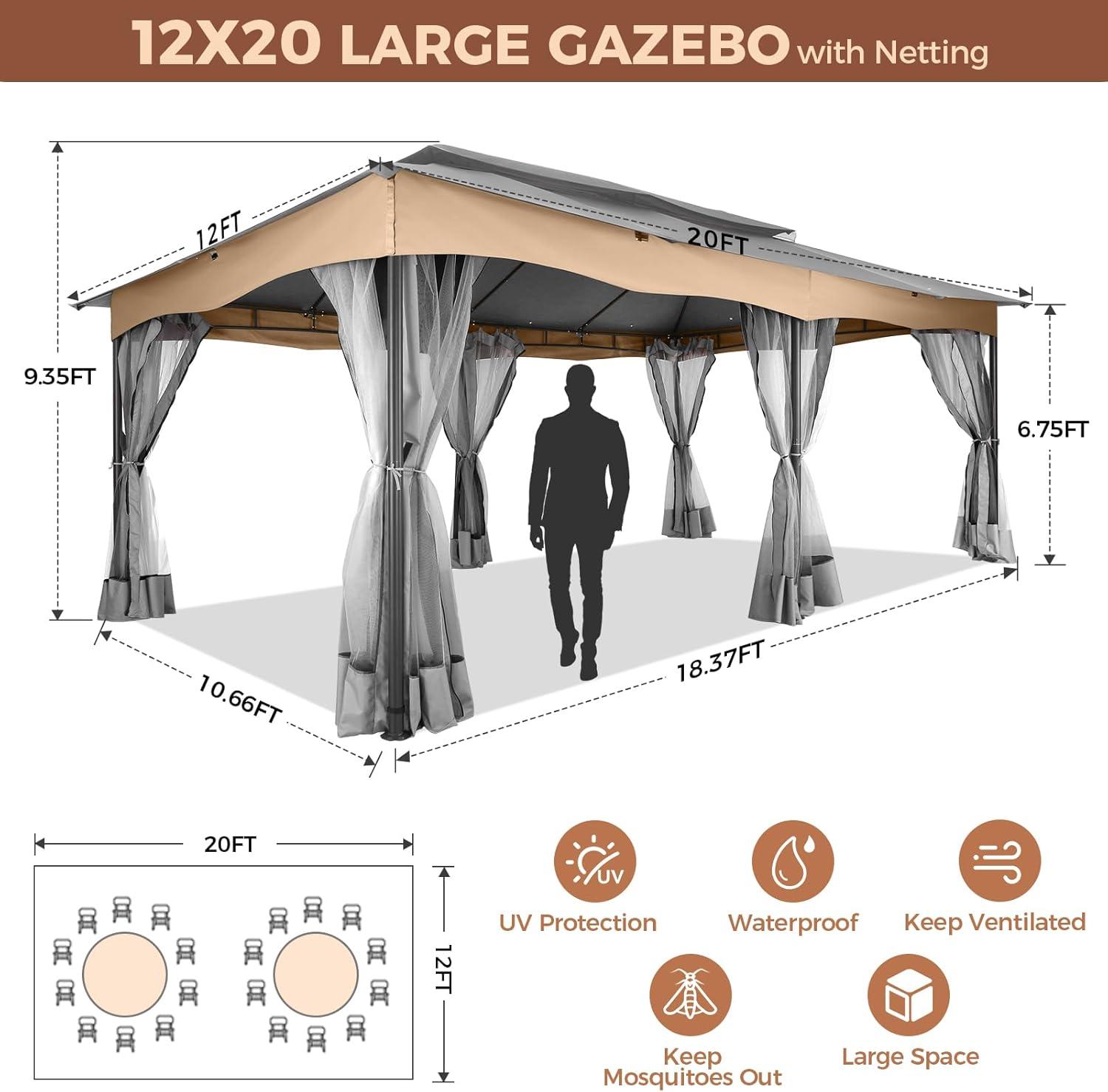 Hoteel 12X20 Heavy Duty Outdoor Patio Gazebo with Mosquito Netting and Curtains, Canopy Tent Deck Gazebo with Double Roofs and Metal Steel Frame for Party, Backyard, Deck, Garden, Gray