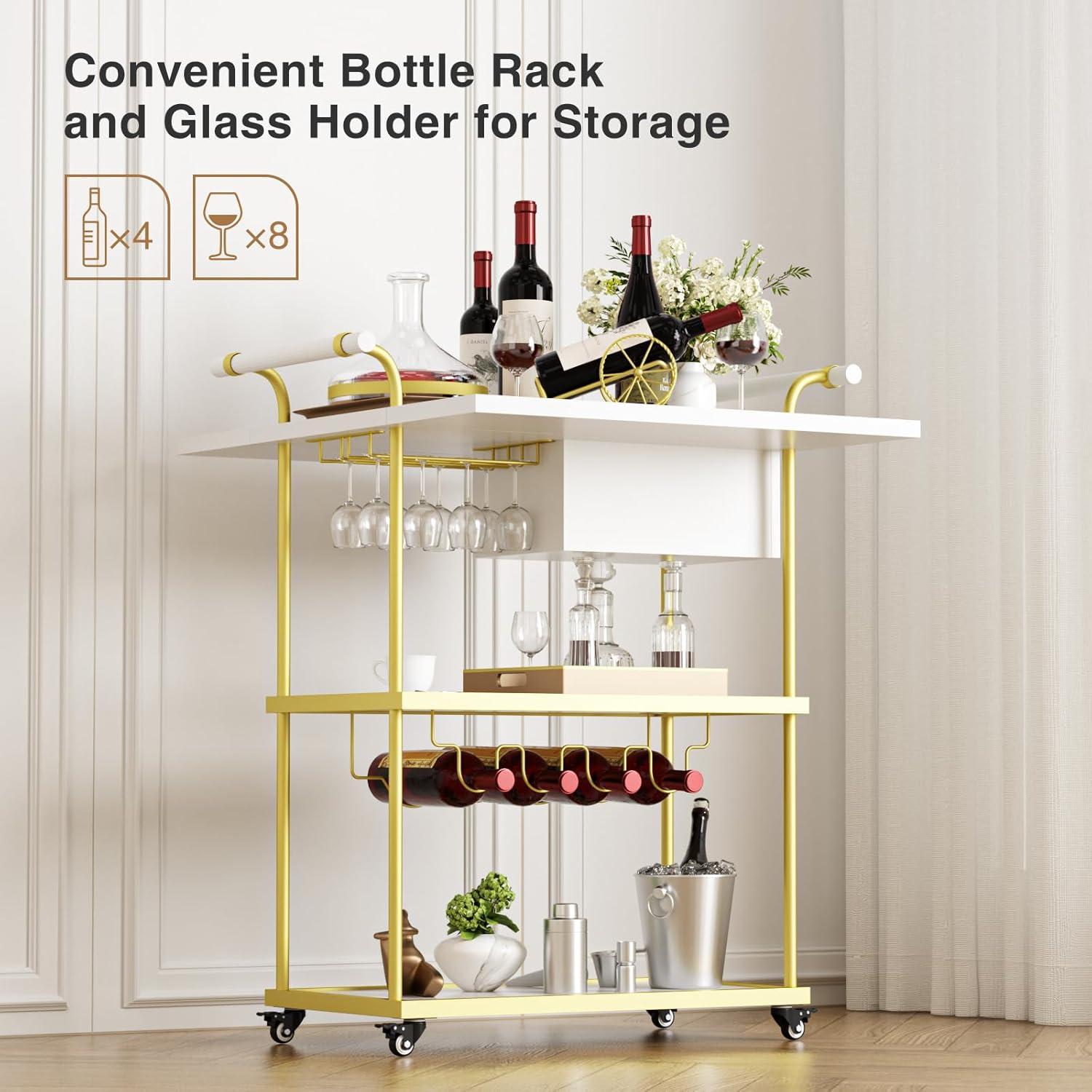 Gold and White 3-Tier Metal Bar Cart with Wine Rack