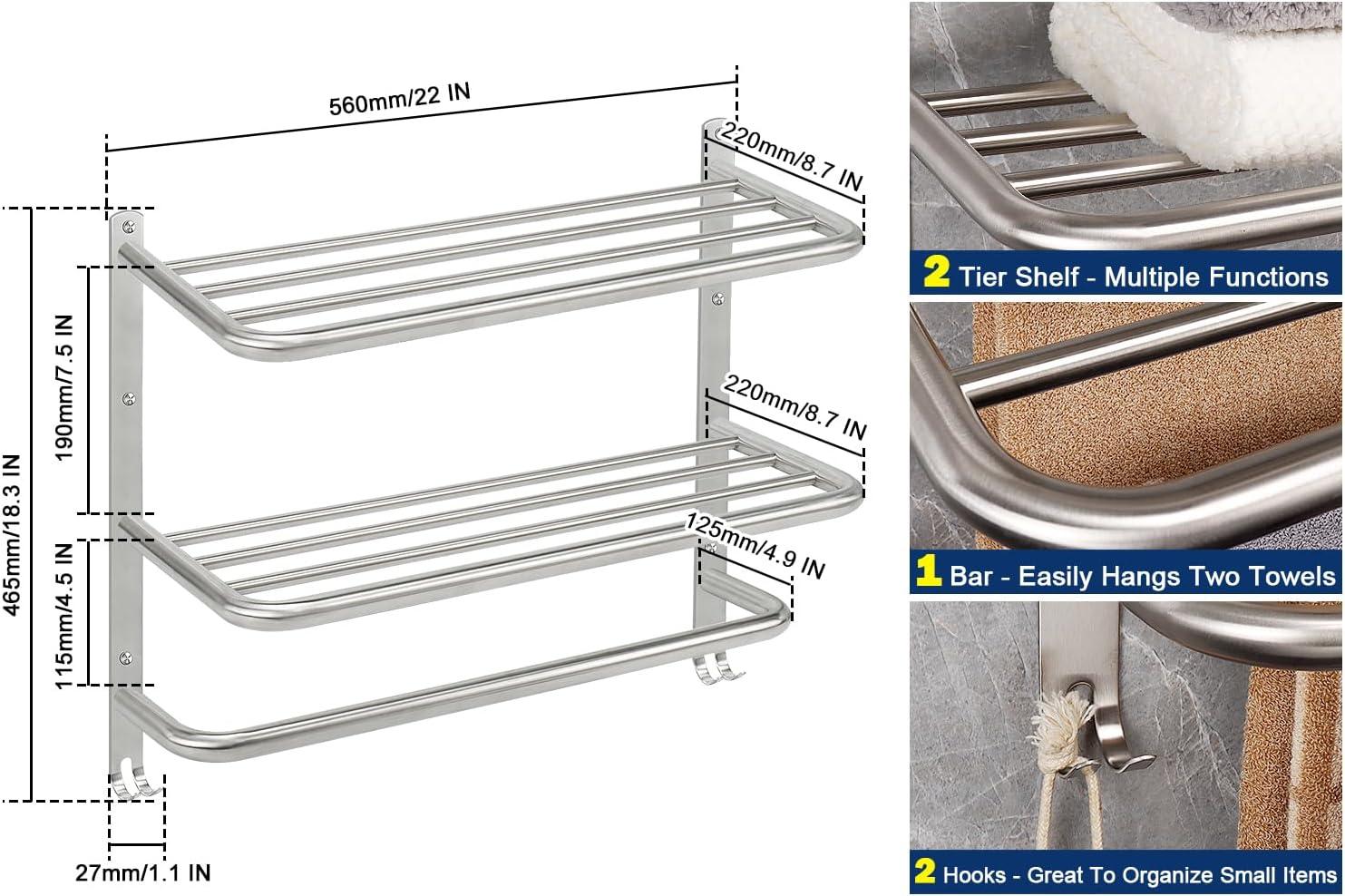 Bathroom Towel Rack, 3-Tier Towel Holder with Hooks