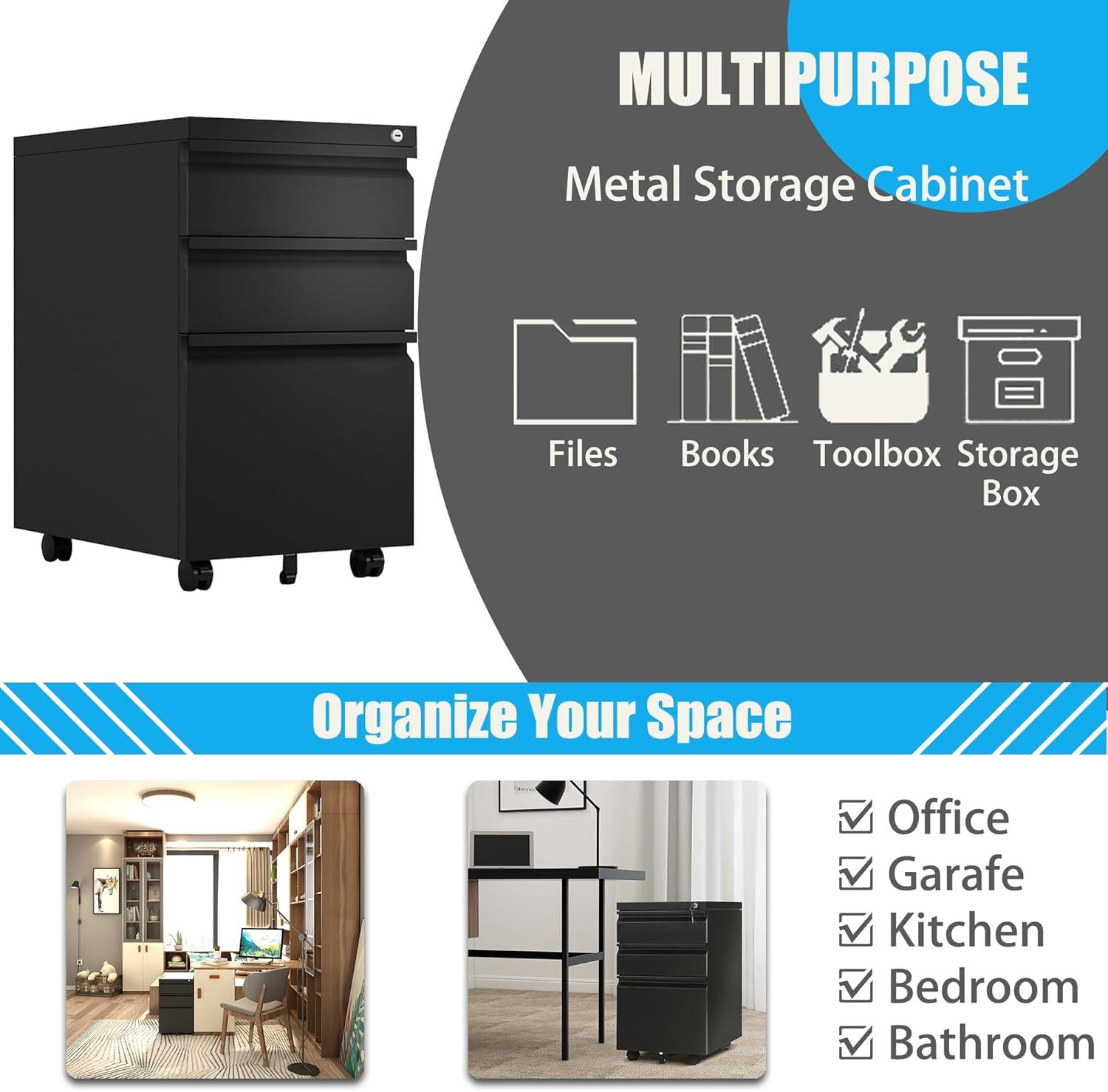 3 Drawer Filing Cabinet, File Cabinets for Home Office, Locking File Cabinet for A4-Size/Letter-Size/Legal-Size,Black