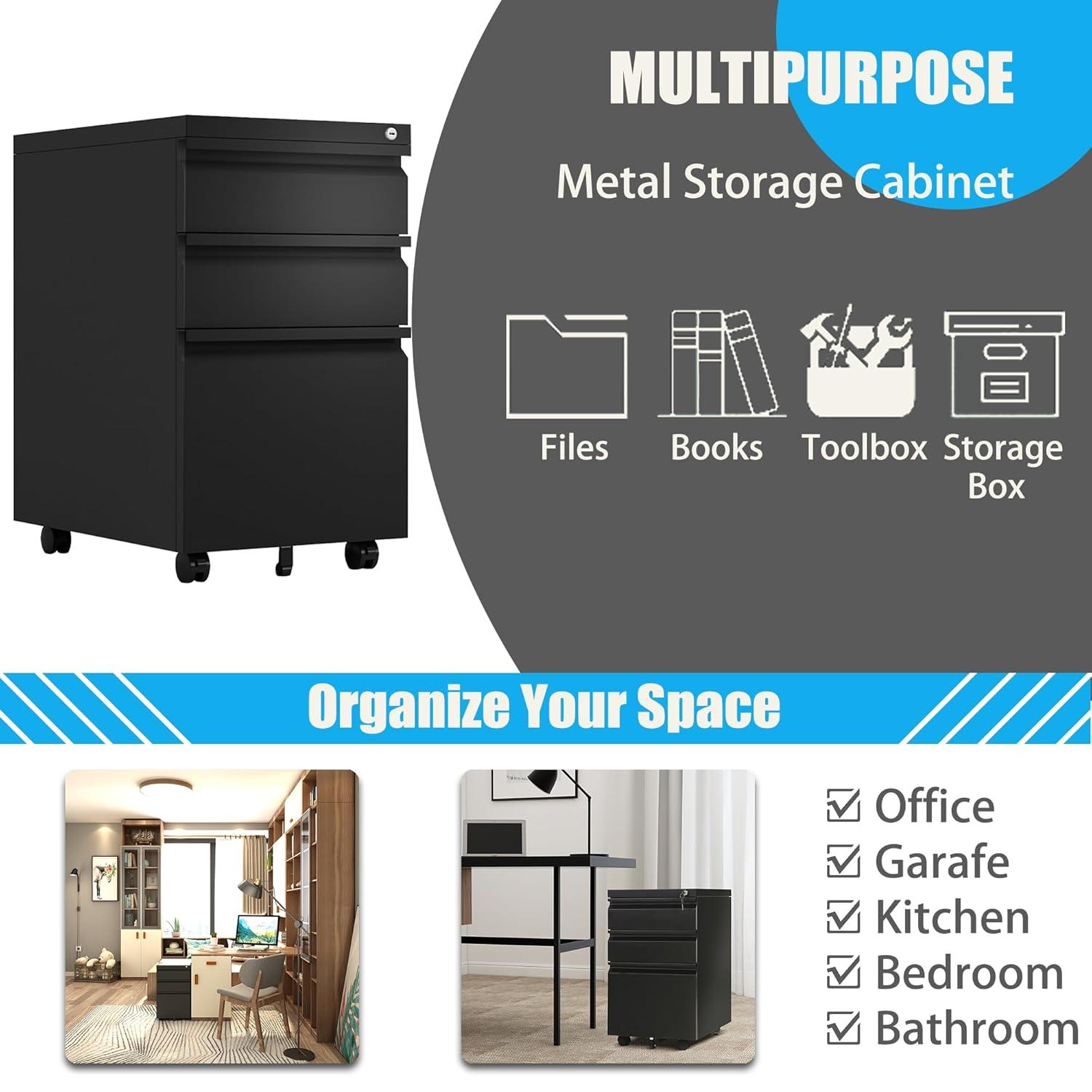 MIIIKO File Cabinet 3 Drawers on Wheels Under Desk, Black Metal Rolling File Cabinets with Lock for Home Office, Un-Assembled Filing Cabinet with Lock
