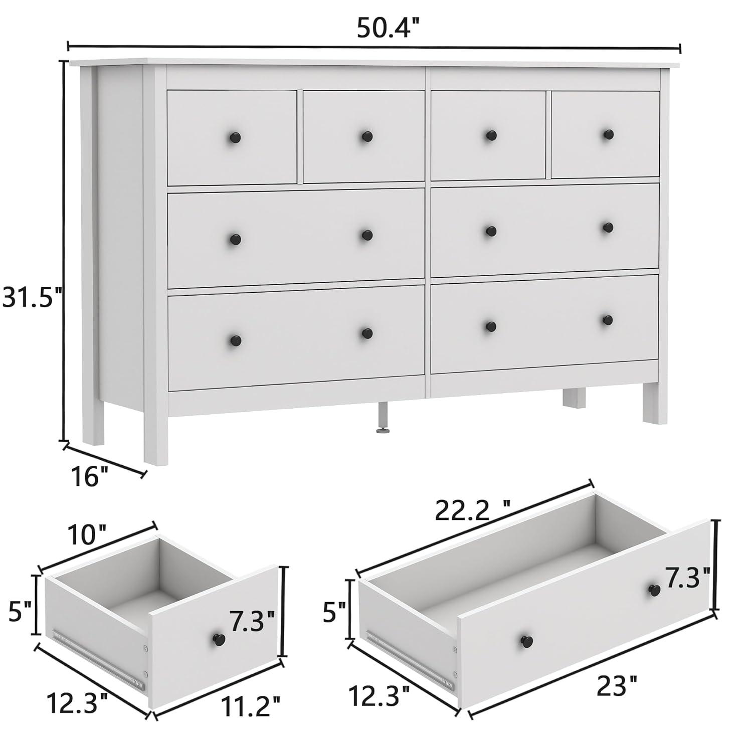 50" Modern White Dressers& Chests of Drawers, 8 Drawer Wide Dresser for Bedroom, Living Room