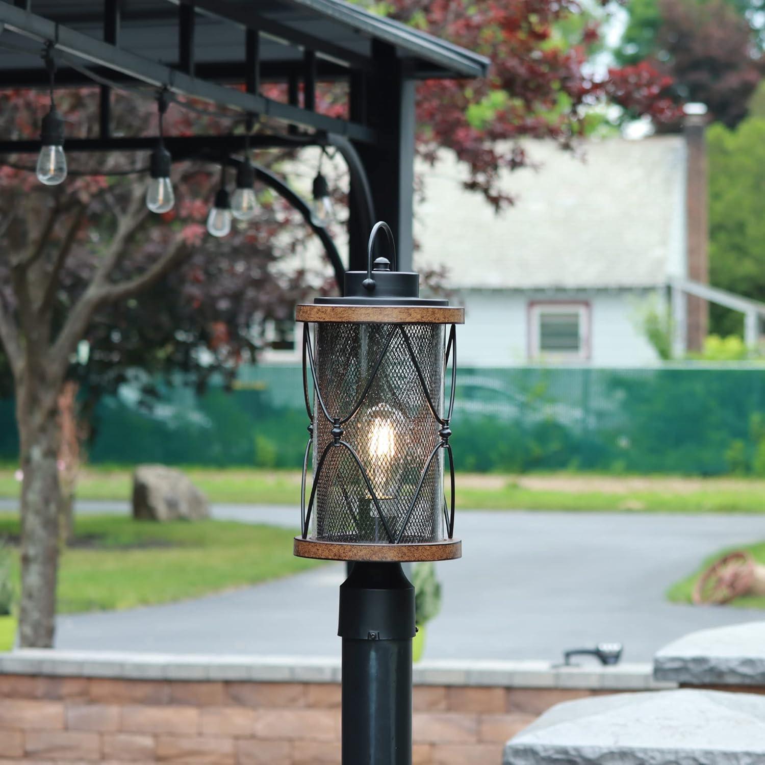 Matte Black and Barnwood Outdoor Post Light with Seeded Glass