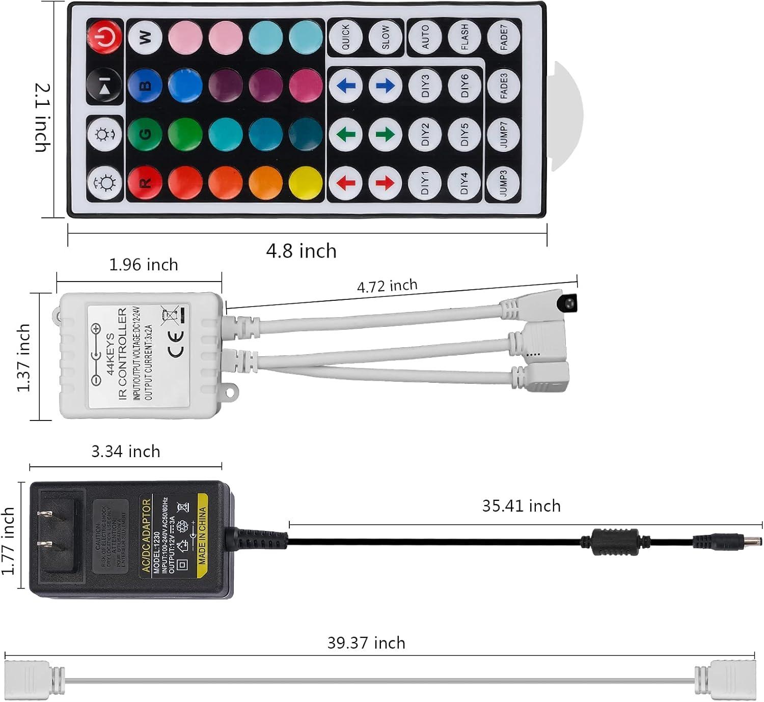2-Port 44 Key IR LED Light Remote,RGB Control Box+ DC 12V 3A LED Power Supply Led Light Adapter+ 2 Pack 3.3FT Extension Cable for 3528 5050 RGB LED Strip Lights(Not Compatiable 24V LED Lights)