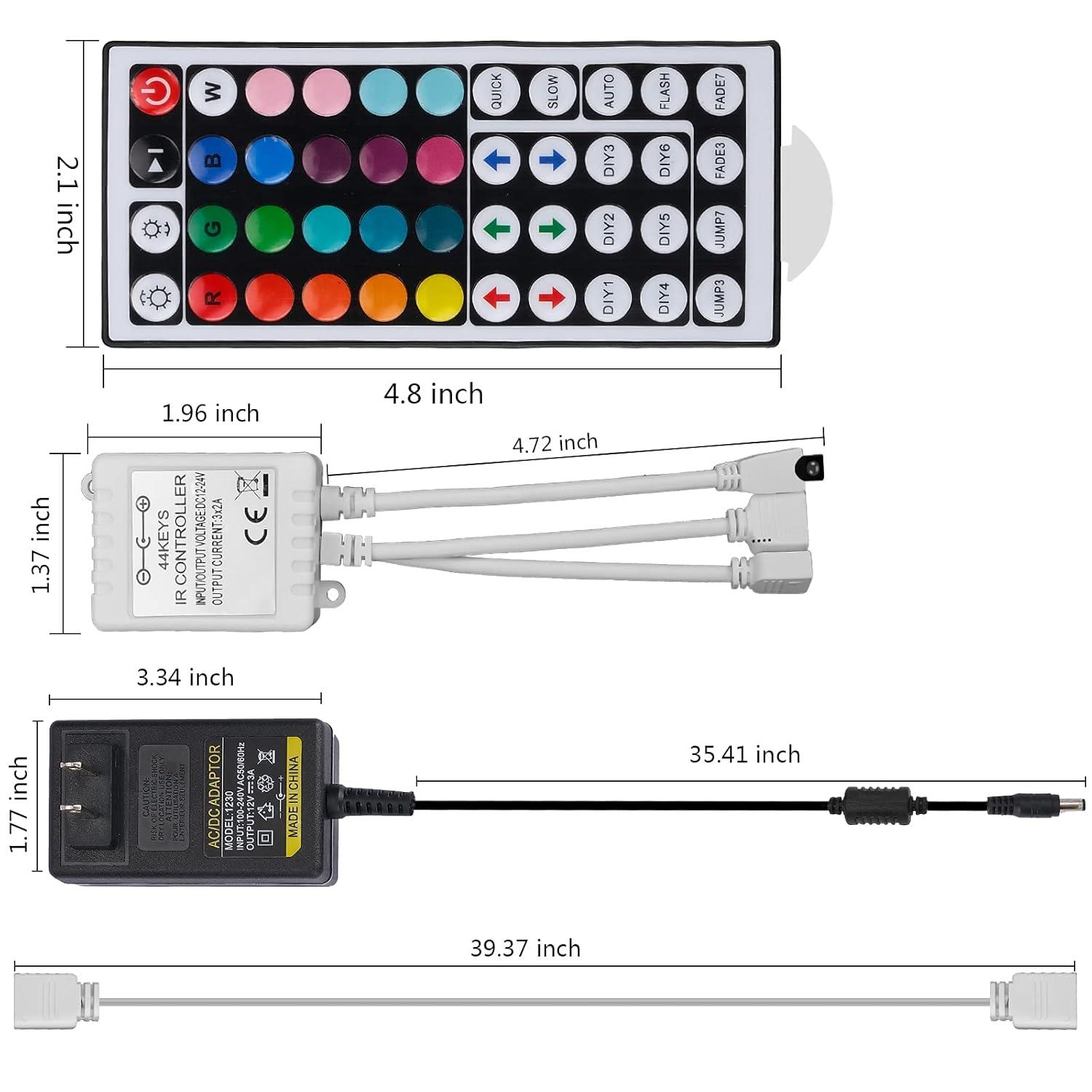 2-Port 44 Key IR LED Light Remote,RGB Control Box+ DC 12V 3A LED Power Supply Led Light Adapter+ 2 Pack 3.3FT Extension Cable for 3528 5050 RGB LED Strip Lights(Not Compatiable 24V LED Lights)