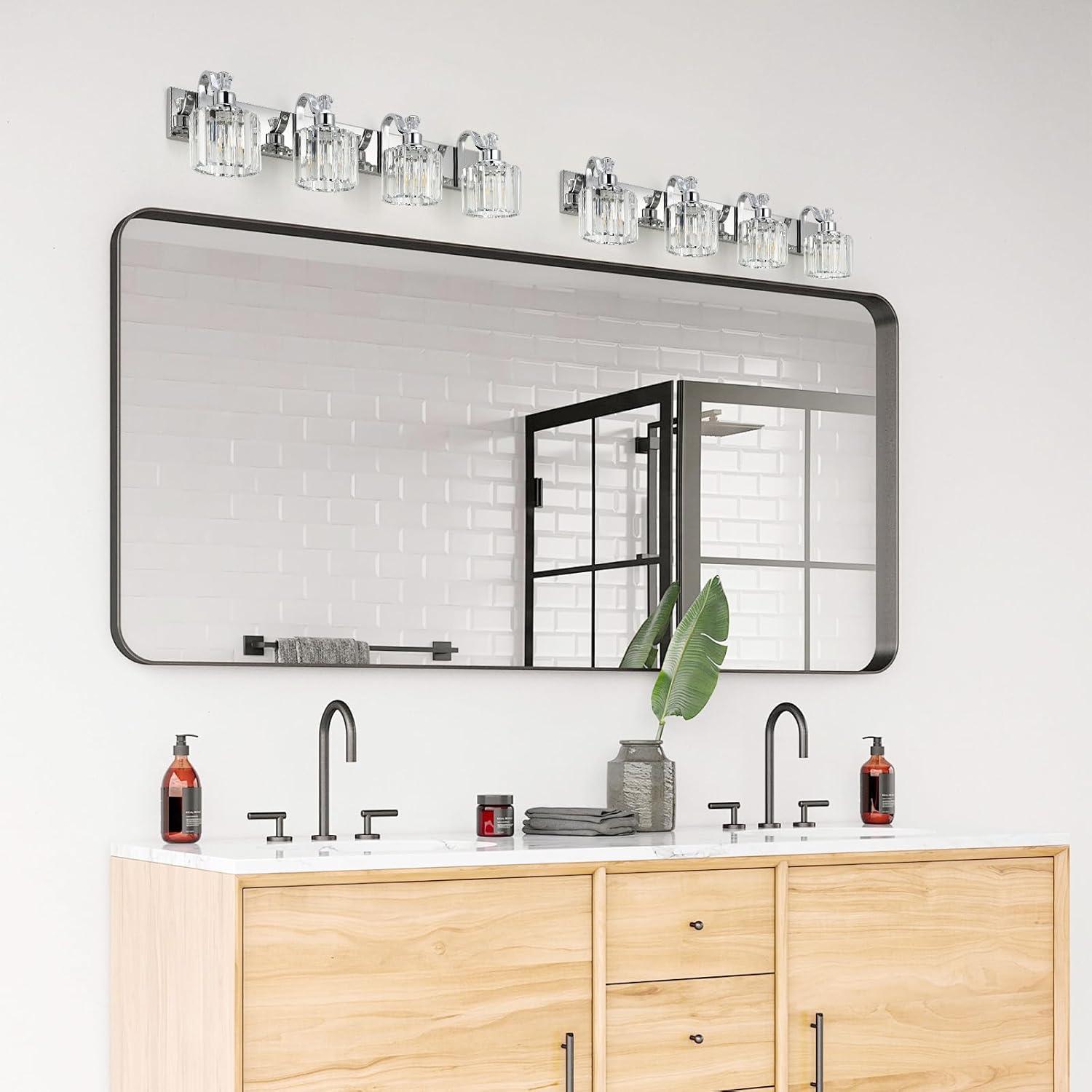 GAOMON LED Modern Crystal Bathroom Vanity Lights Over Mirror, Chrome Bathroom Light Fixtures Wall Light (4-Light)