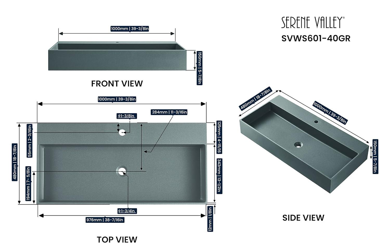 40 in. Wall-Mount or Countertop Install, Bathroom Sink with Single Faucet Hole in Matte Gray
