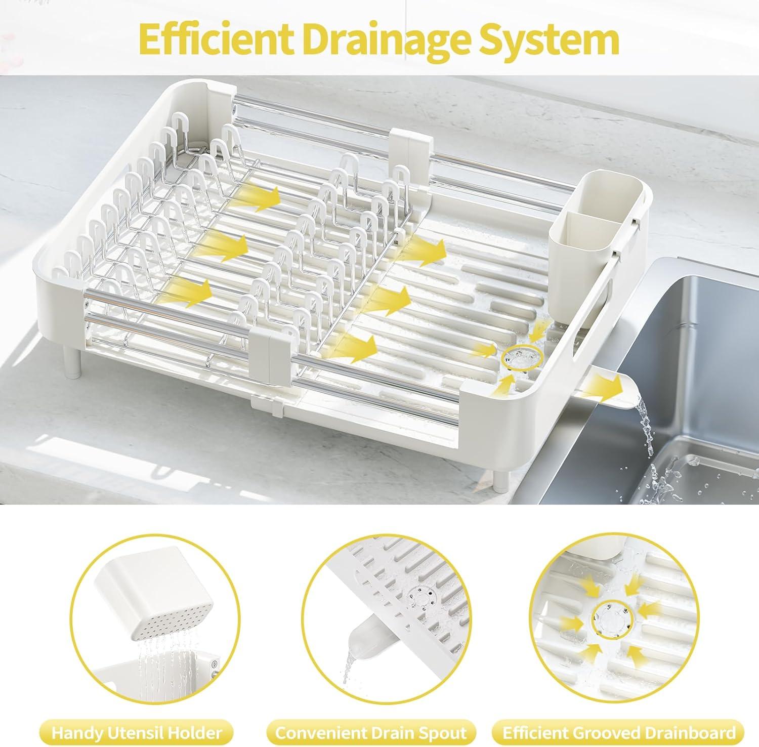 TOOLF Extendable Dish Rack, Dual Part Dish Drainers with Non-Scratch and Movable Cutlery Drainer and Drainage Spout, Adjustable Dish Drying Rack for Kitchen, 1 Piece White