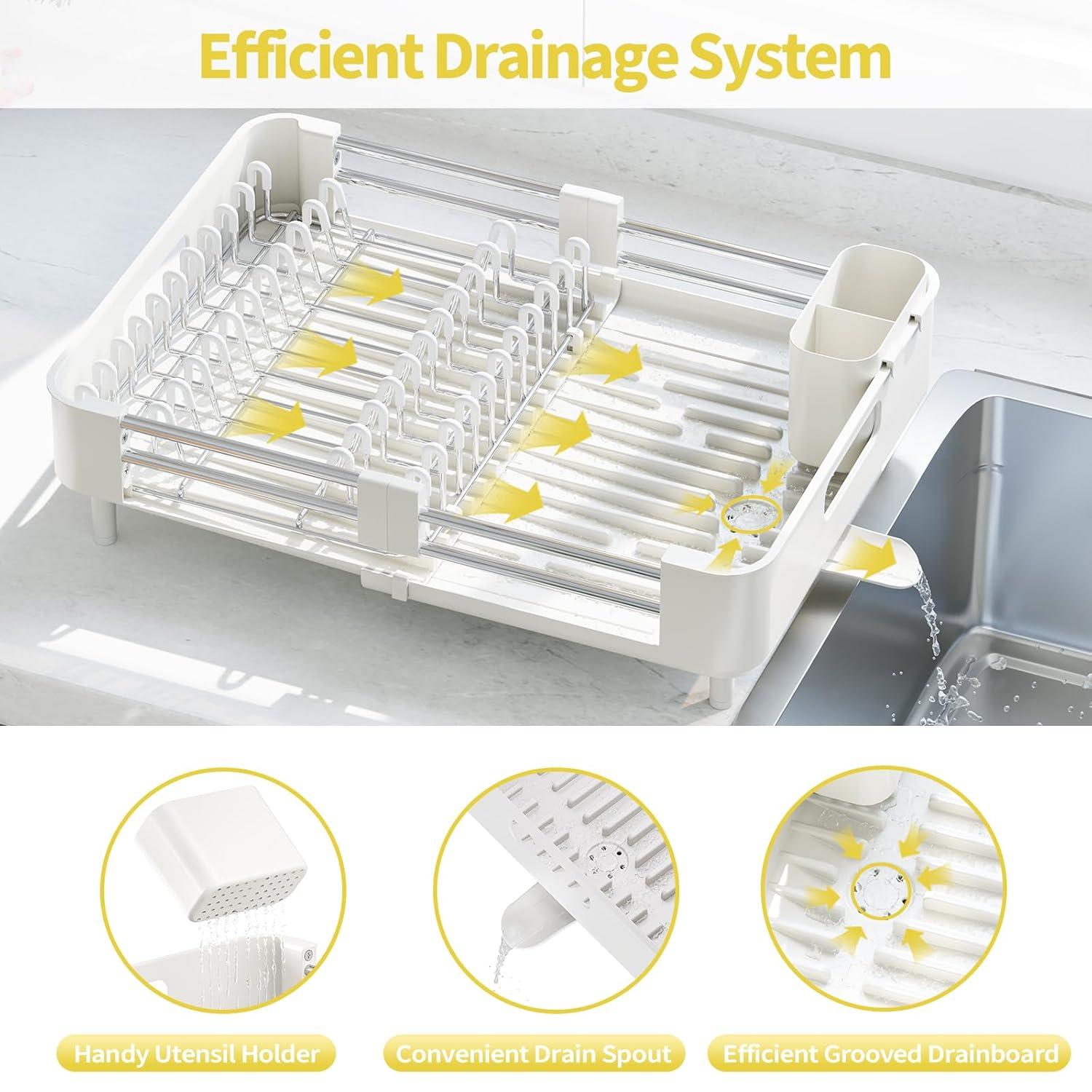 TOOLF Extendable Dish Rack, Dual Part Dish Drainers with Non-Scratch and Movable Cutlery Drainer and Drainage Spout, Adjustable Dish Drying Rack for Kitchen, 1 Piece White
