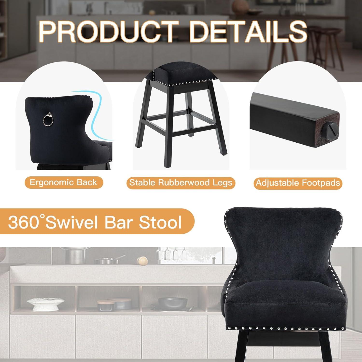 ECOTOUGE Swivel Bar Stools Set of 2, 26" Seat Height Kitchen Stools with Back & Wood Legs, Velvet Upholstered Counter Stools with Pull Ring for Kitchen Island, Dining Room, Pub & Cafe, Black