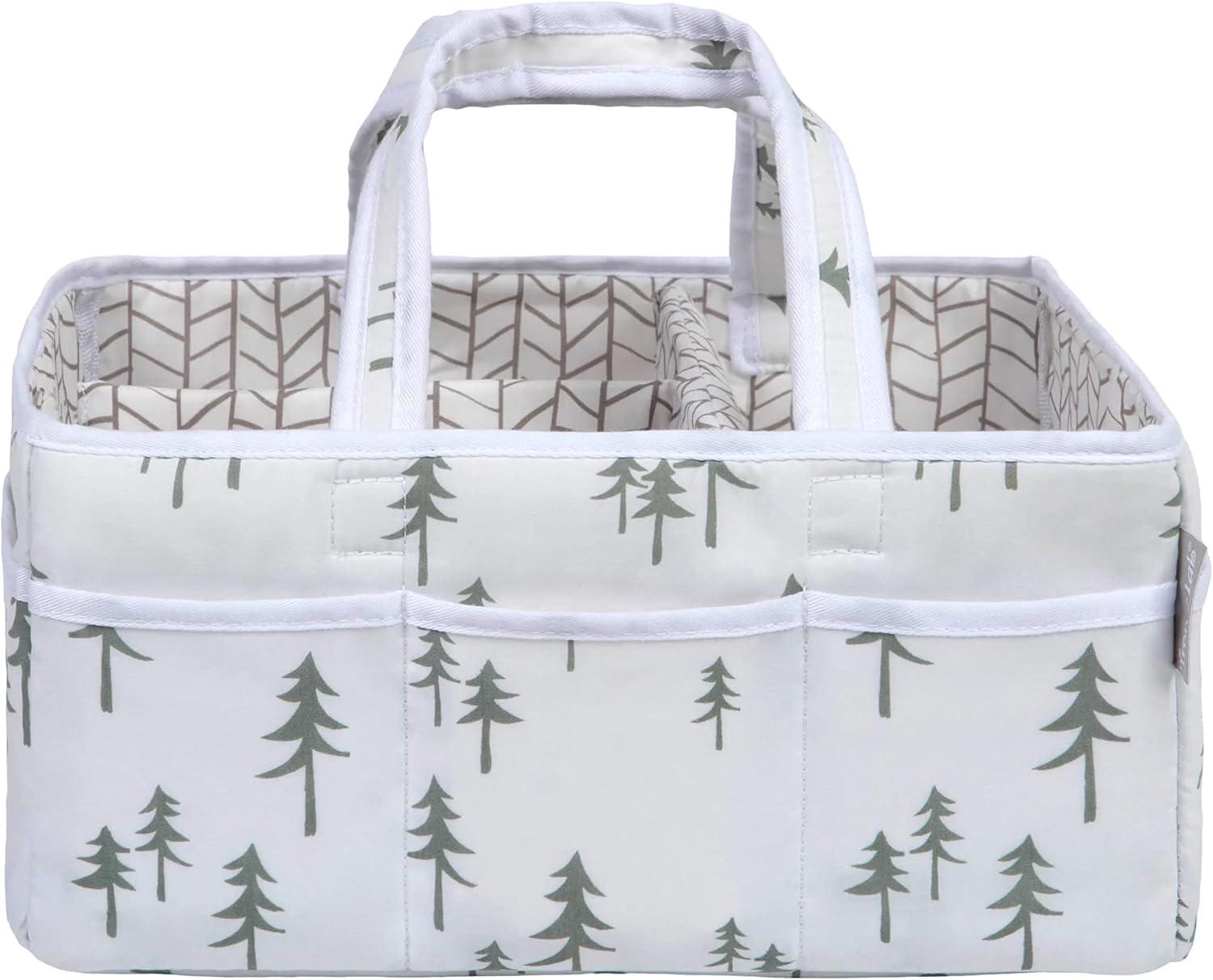 White and Green Cotton Diaper Caddy with Tree Print