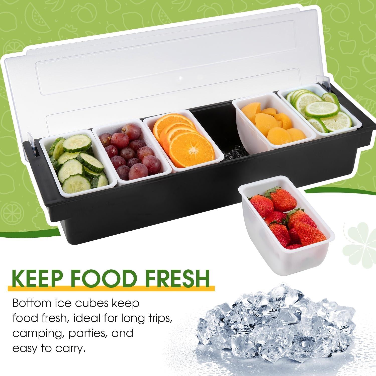 ShengRui Fruit Veggie Condiment Caddy with Lid, 6 Compartment Plastic Dispenser Tray for Catering Dips Toppings, Serving Taco, Ice Cream, Fruit, & Salad Bar,Garnish Organizer for Restaurant Supplies