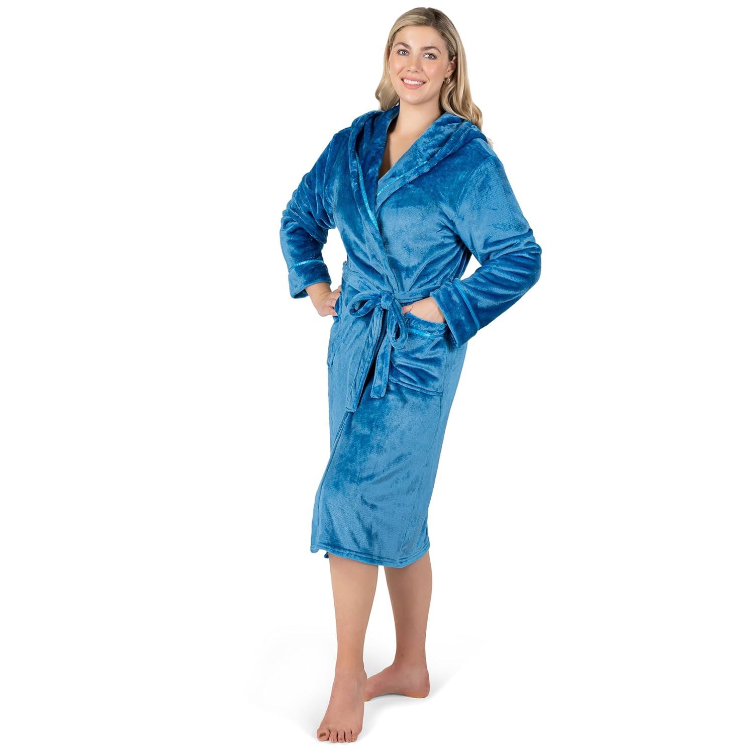 PAVILIA Fleece Robe For Women, Plush Warm Bathrobe, Fluffy Soft Spa Long Lightweight Fuzzy Cozy, Satin Trim (With Hood - Sea Blue, Large-X-Large)