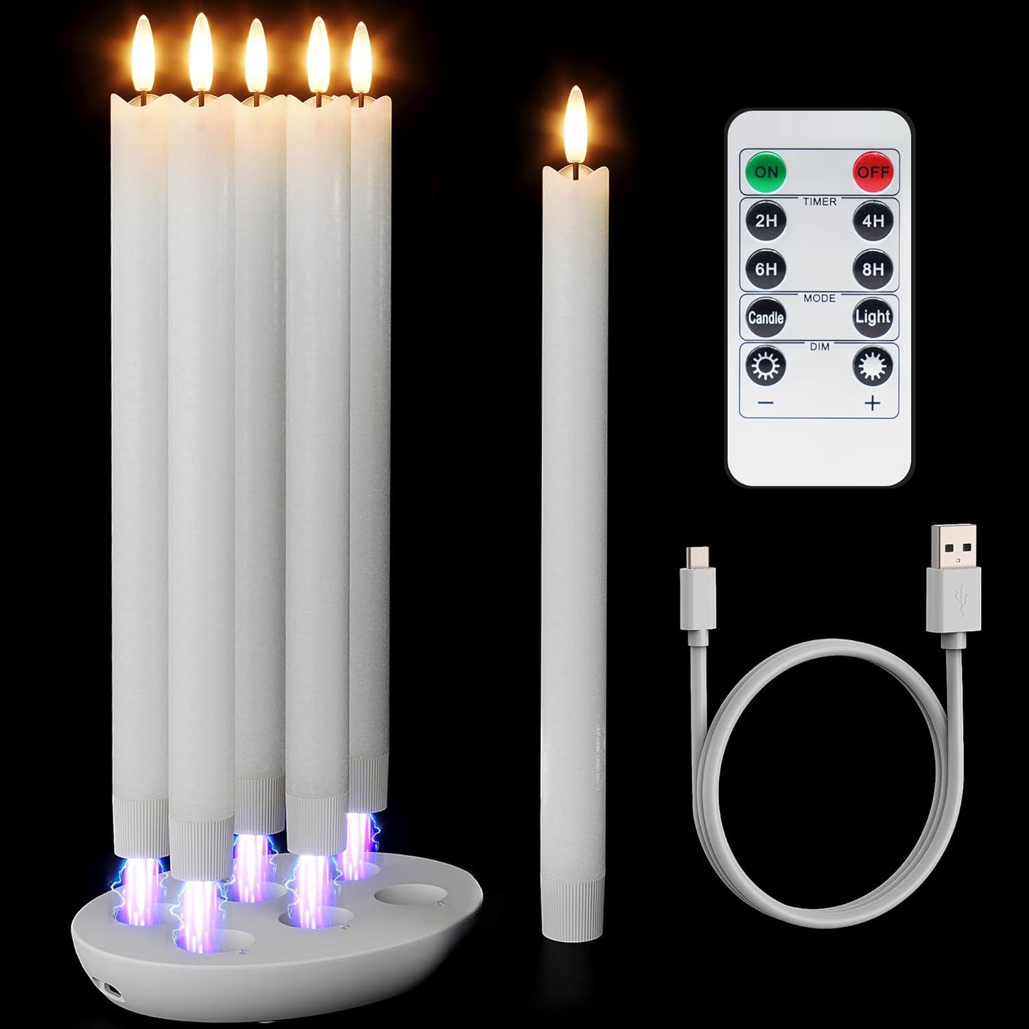 Rechargeable Flameless Taper Candles With Charging Station, 6 Pcs Real Wax LED Taper Candles Flickering With Remote&Timer, 3D Flame Candlesticks For Home Wedding Christmas Decor