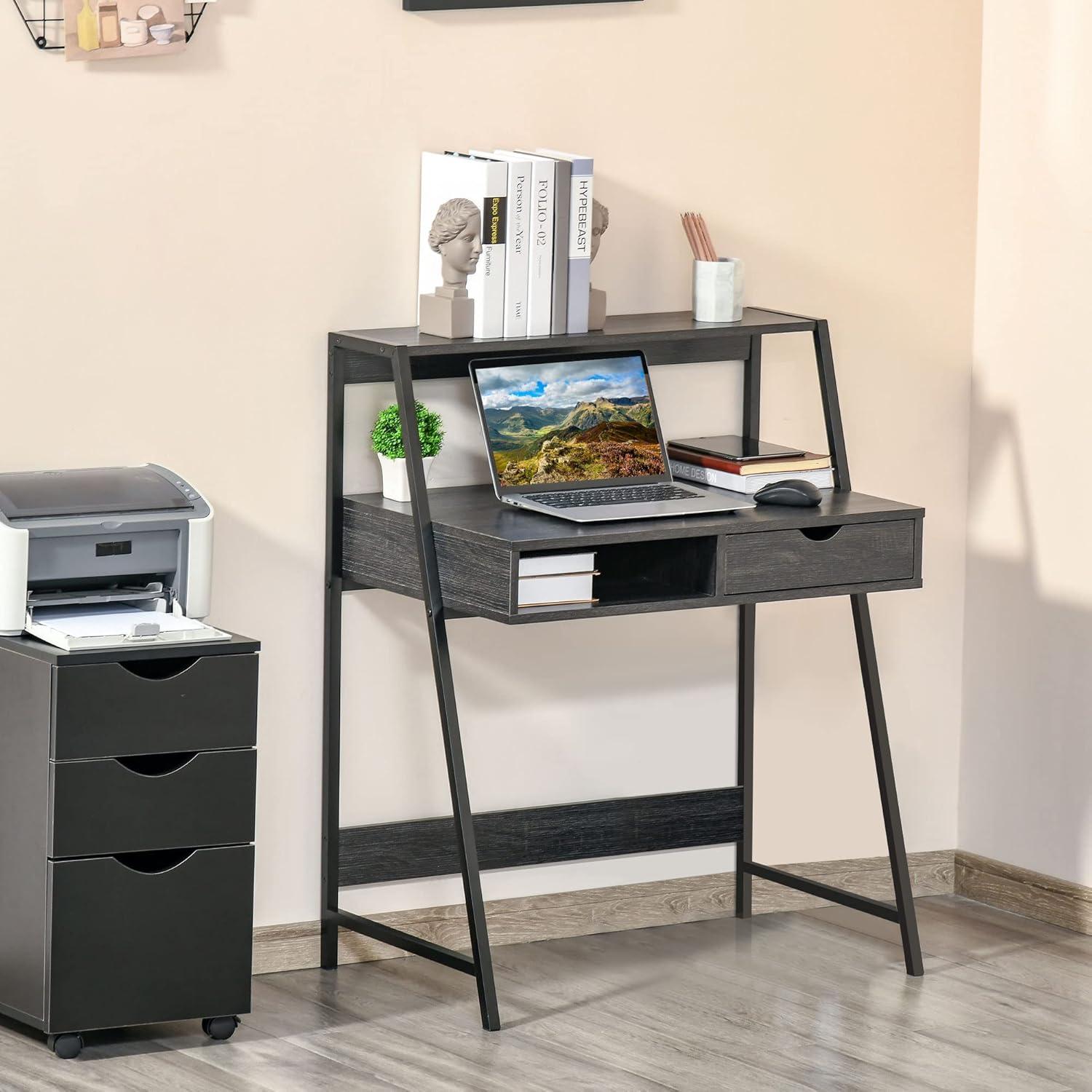 HomCom Home Office Desk, Computer Desk for Small Spaces, Writing Table with Drawer and Storage Shelves, Grey