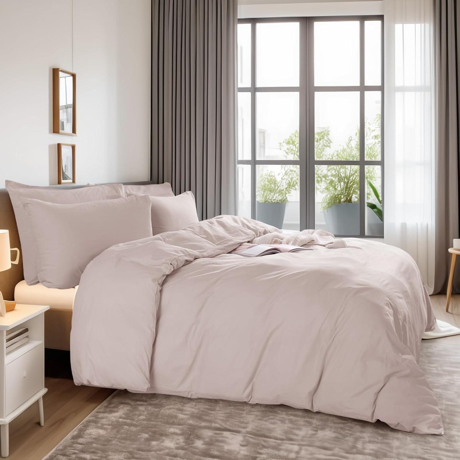 NEXHOME PRO Duvet Cover Set 100% Washed Cotton Oversized Queen 98"x98", Organic Natural Linen Look Textured 3 Pieces Bedding Set Apricot Yellow with Zipper Closure, Breathable, Soft (No Comforter)