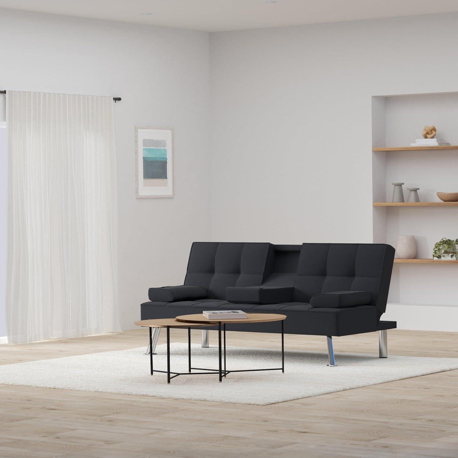 Best Choice Products Modern Linen Convertible Futon Sofa Bed w/ Removable Armrests, Metal Legs, Cupholders - Black