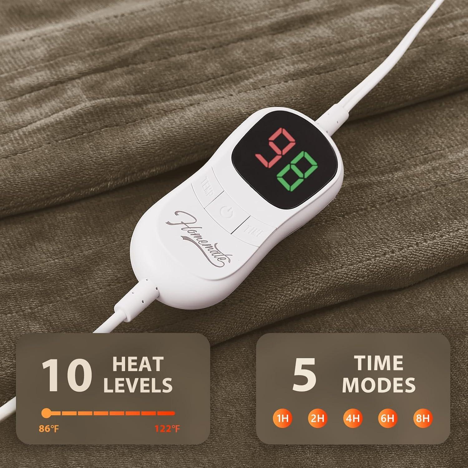 Homemate Electric Heated Blanket Throw - 50"x60" Heating Blanket Throw Size 1/2/4/6/8 Hours Auto-off 10 Heat Level Heat Blanket Over-heat Protection Flannel Sherpa Big Heater Blanket ETL Certification