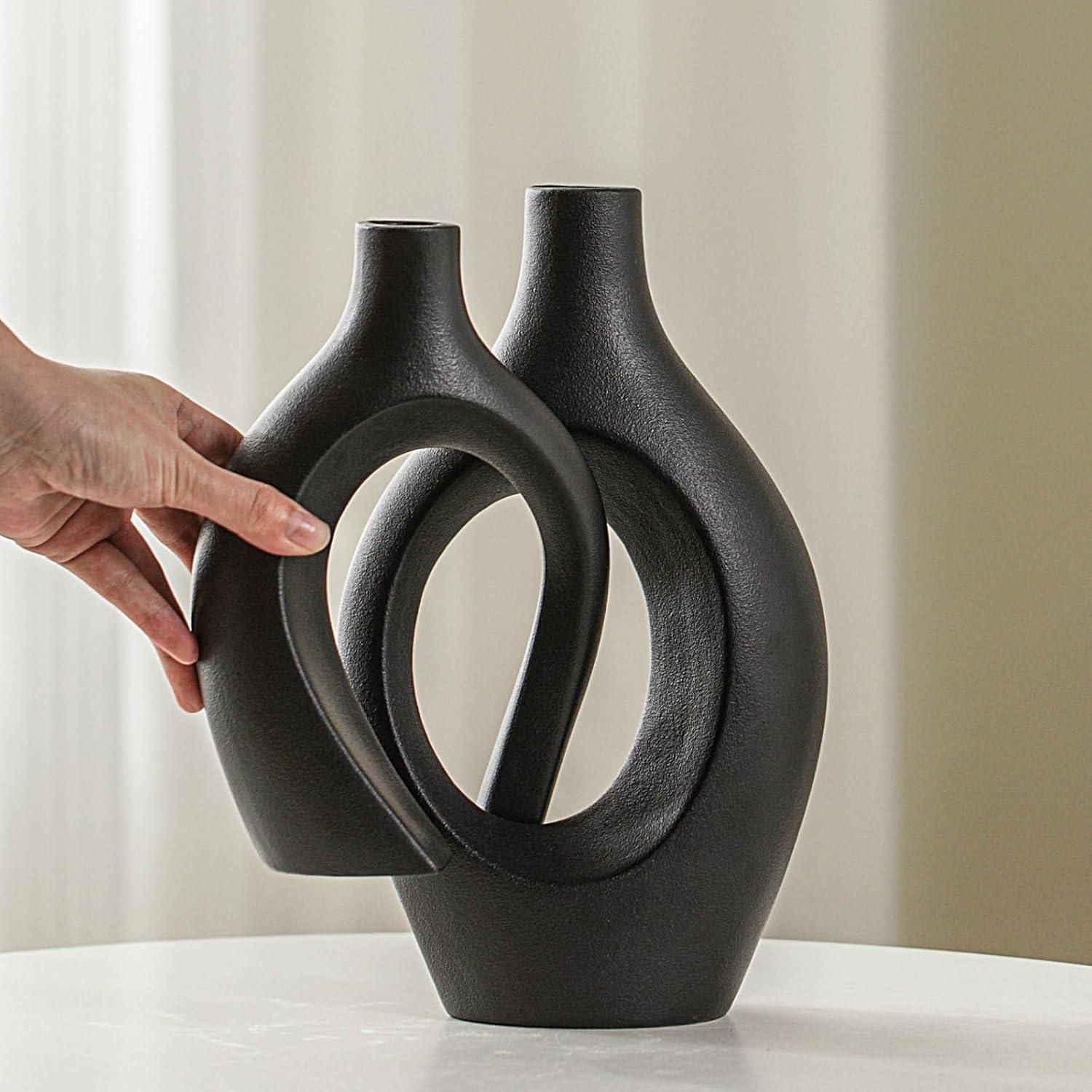 XL Black Ceramic Donut Vases Set of 2 for Modern Decor