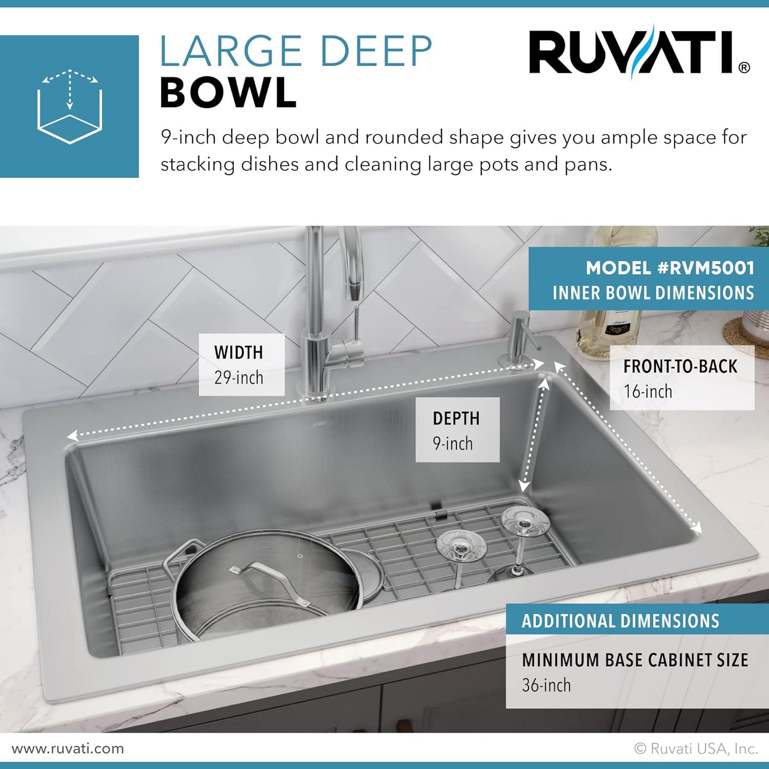 Ruvati 33 x 22 inch Drop-in Topmount Kitchen Sink 16 Gauge Stainless Steel Single Bowl