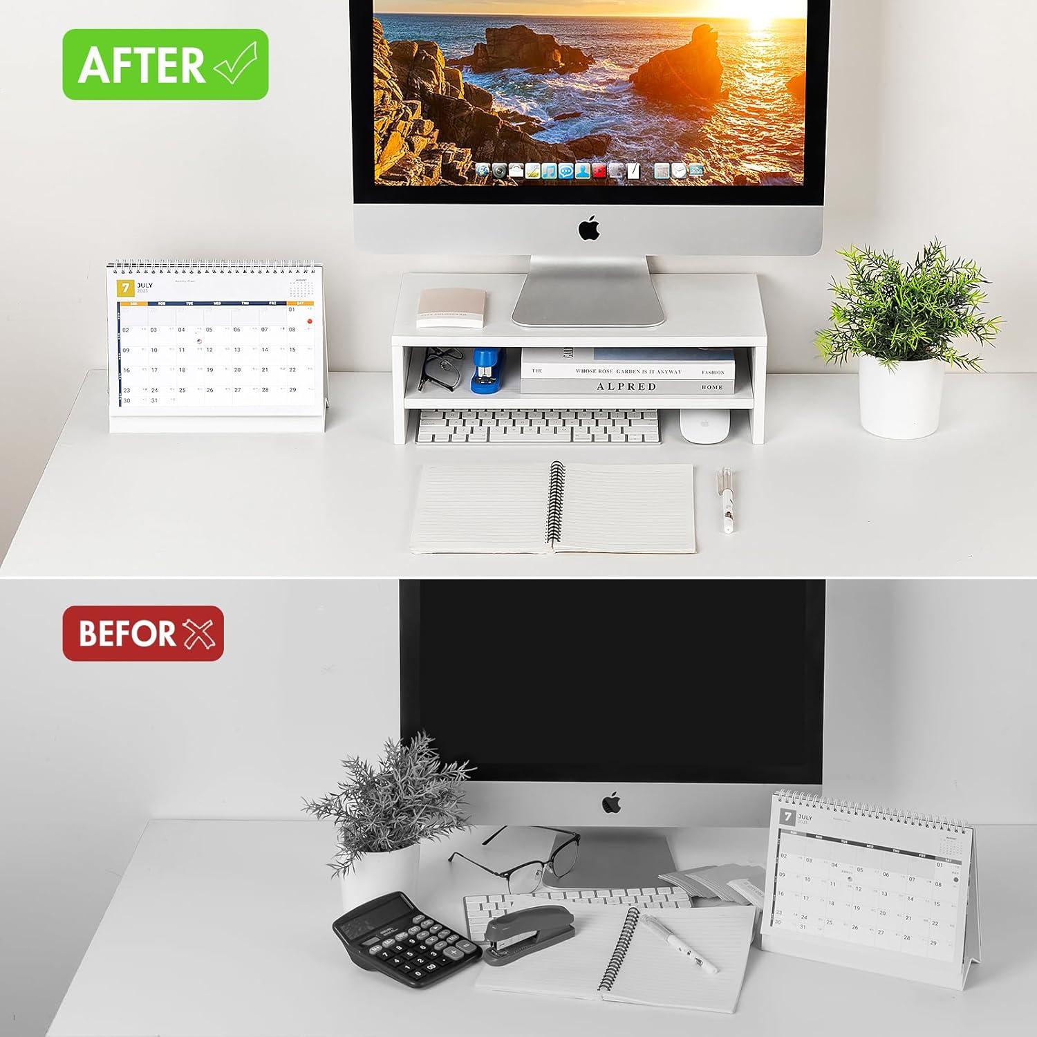 White MDF 2-Tier Monitor Stand with Storage