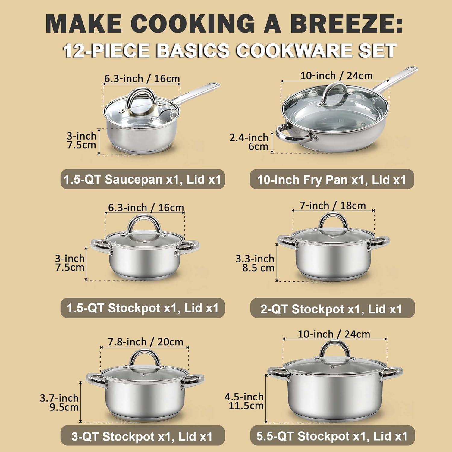 Cook N Home Cook N Home Kitchen Cookware Sets, 12-Piece Basic Stainless Steel Pots and Pans, Silver