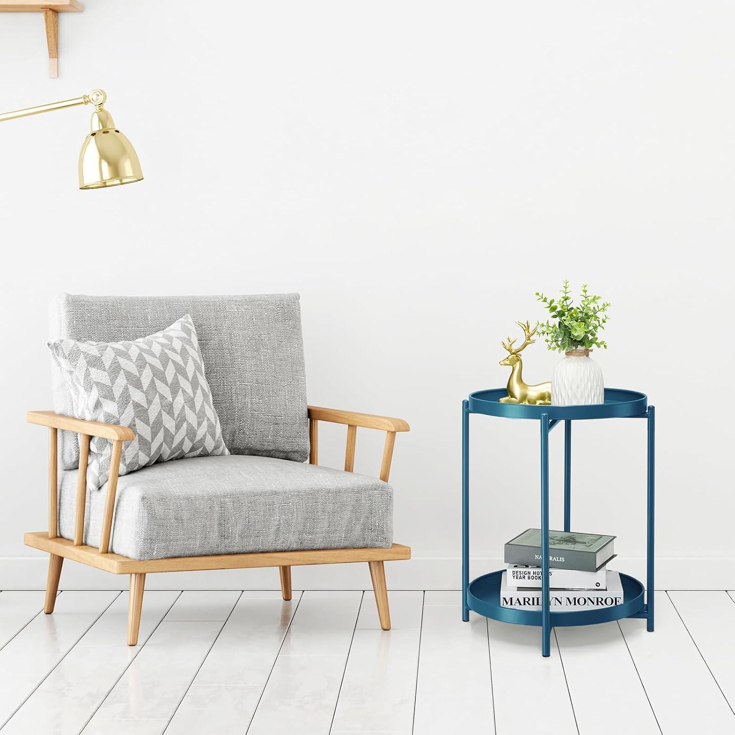 HollyHOME 2-Tier Round Side Table, Outdoor Small Folding Accent Stand with Removable Tray, Anti-Rust Metal Asional Table for Balcony Patio Living Room, Nightstand for Bedroom(Navy Blue)